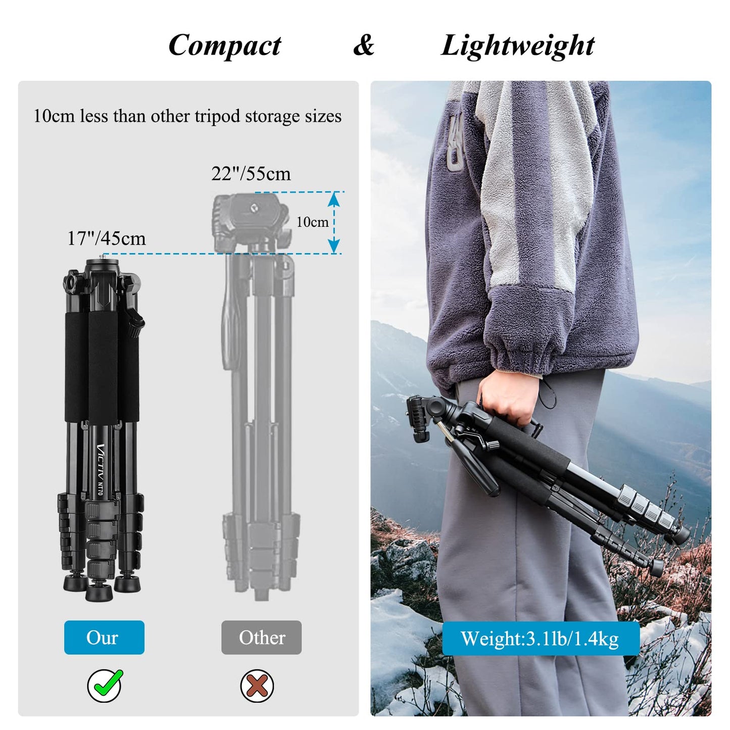 Victiv Kamera Stativ mit 52–160-185cm Höhe, leichtes Camera Tripod mit Abnehmbar 3-Wege-Kopf, Aluminium fotostativ für DSLR Canon Nikon Sony, Dreibeinstativ for Smartphone mit Handy Halterung