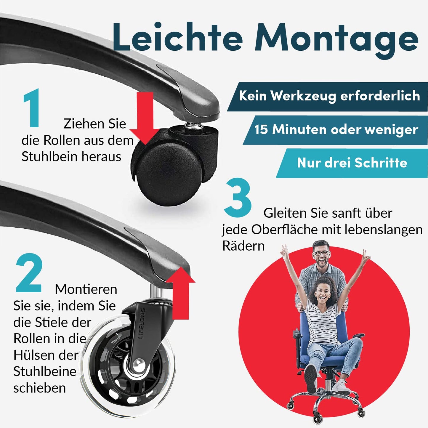 Lifelong Bürostuhlrollen 5er-Set, 11x22 mm Transparente Hartbodenrollen für Teppich und Parkett, Strapazierfähig bis 295 kg