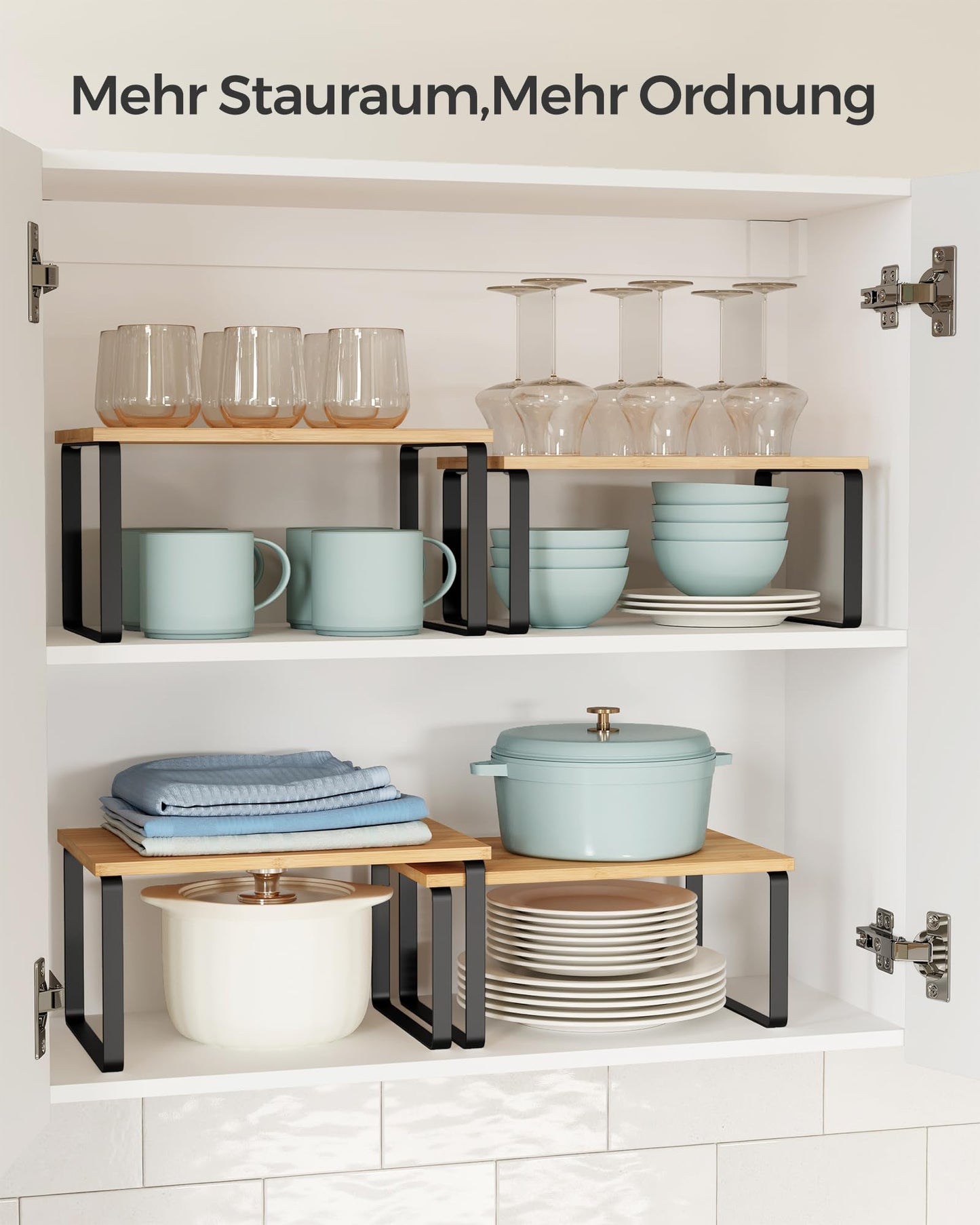 SONGMICS Gewürzregal, 2er Set Küchen-Organizer, Küchenregal, Schrank-Organizer Küche, erweiterbar, kleines Regal, stapelbar, Metall und Holzwerkstoff, tintenschwarz-naturbeige KCS02NB
