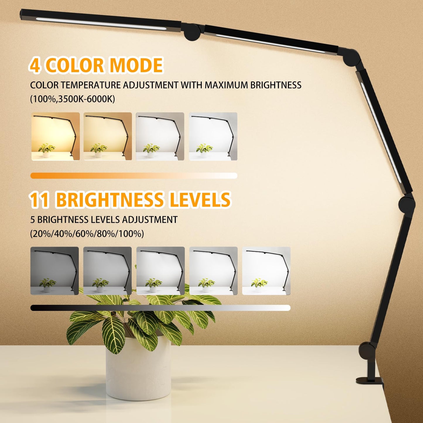 AILBTON LED Schreibtischlampe mit Clip,Mehrwinkel-Flexible 4 Abschnitte 3 Lichtquellen Büroschreibtischlampe,4 Farbtemperaturen und 5 Helligkeitsstufen,Nachtaugenpflege Tischlampe für Zuhause Büro