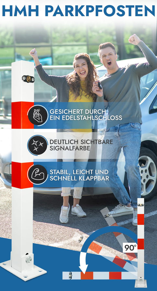 Parkpfosten Absperrpfosten klappbar 65cm Hoch Parkplatzsperre je Poller 3 Schlüssel 4 Schwerlastdübel Pfosten Weiß signal Rot ParkWatch Absperrung Pollen (1)