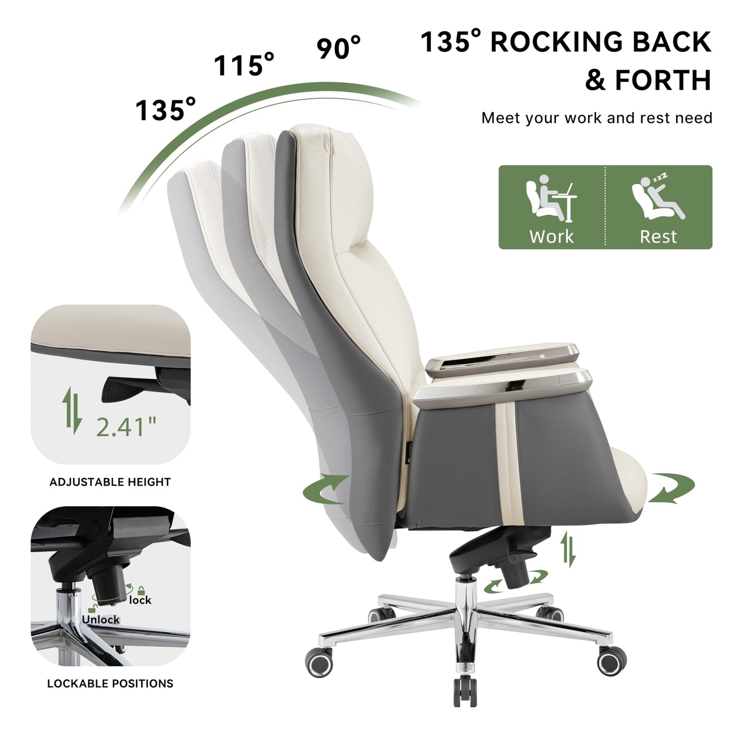 EUREKA ERGONOMIC Hochlehner Bürostuhl, Executive Drehstuhl mit extra breitem Sitz, Ergonomischer Schreibtischstuhl Leder für das Home Office, maximal 136 KG, Beige & Grau