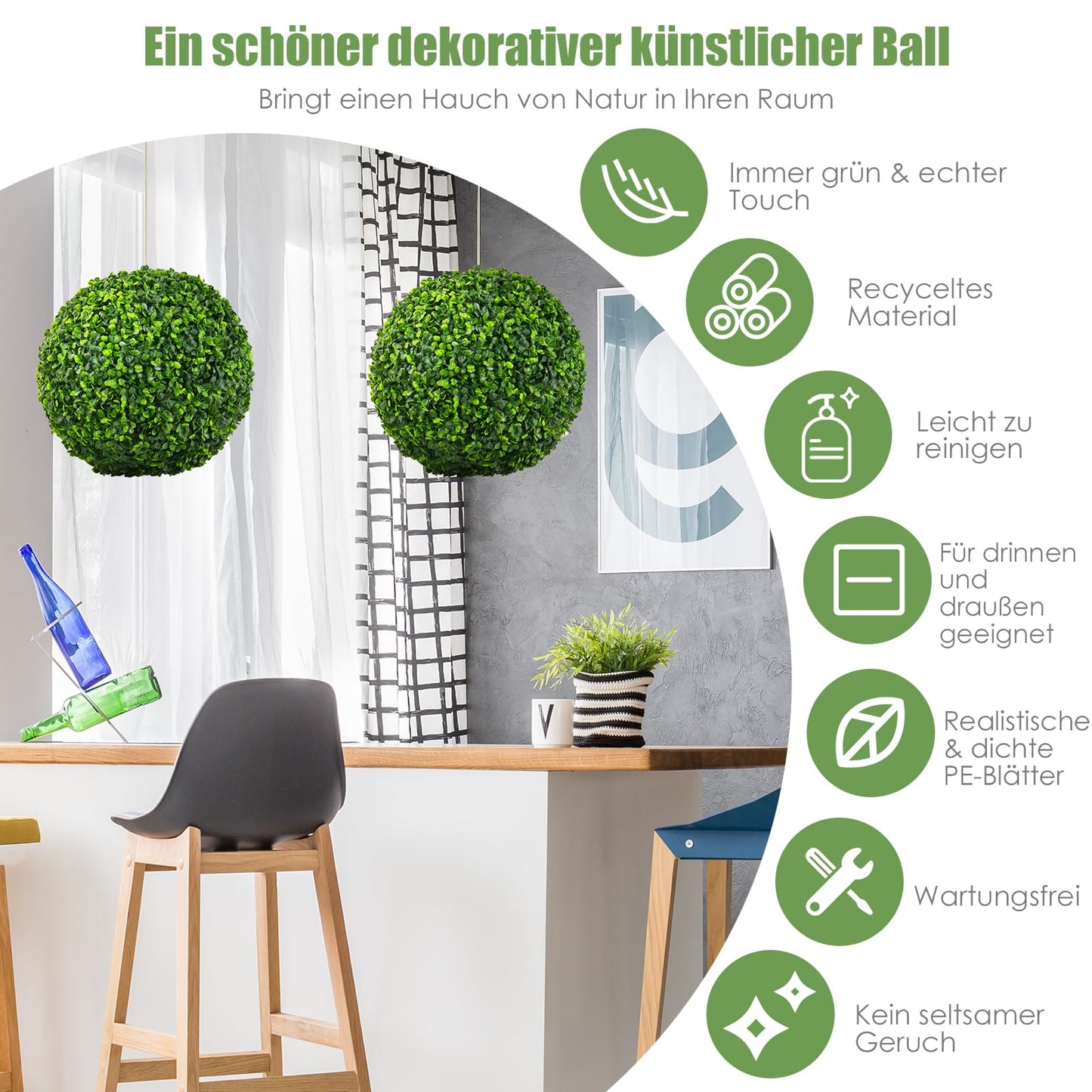 COSTWAY 2er Buchsbaumkugel 40 cm, Buchsbaum Kugel UV-beständig, Formschnitt Kunstpflanze Dekopflanze, Buchskugel Künstliche Pflanze, dekorative Kugelpflanzen für Haus Garten Hochzeit, Dunkelgrün