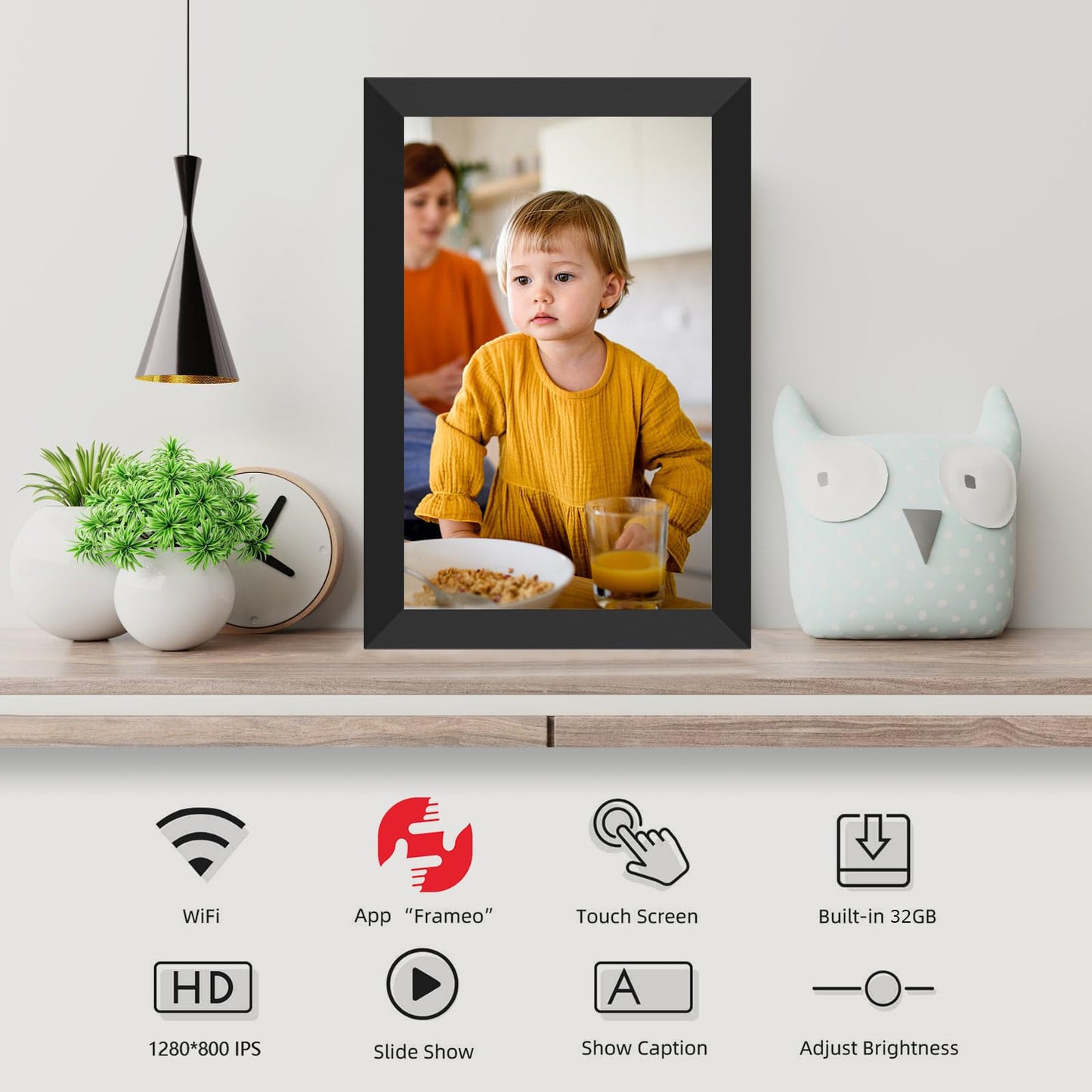 Digitaler Bilderrahmen WiFi 10,1 Zoll 1280x800 IPS LCD Touchscreen, Eingebauter 32GB Speicher Auto-Rotat, Teilen Sie Momente sofort über Frameo App von überall, Schwarz