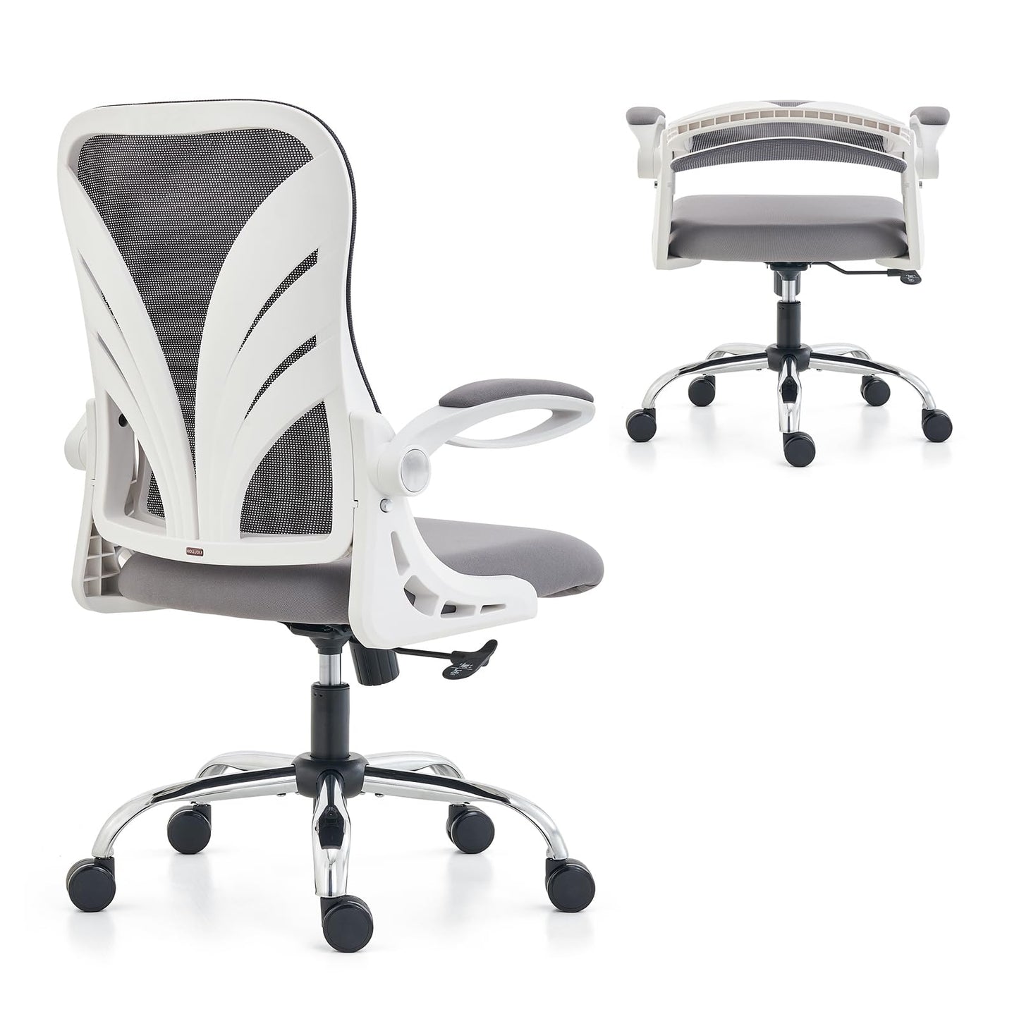 HOLLUDLE Ergonomischer Bürostuhl mit Klappbarer Rückenlehne, Schreibtischstuhl mit Erweitertem Sitz(52 cm), Hochklappbaren Armlehnen und Mesh Lendenwirbelstütze Drehstuhl Computerstuhl, Weiß