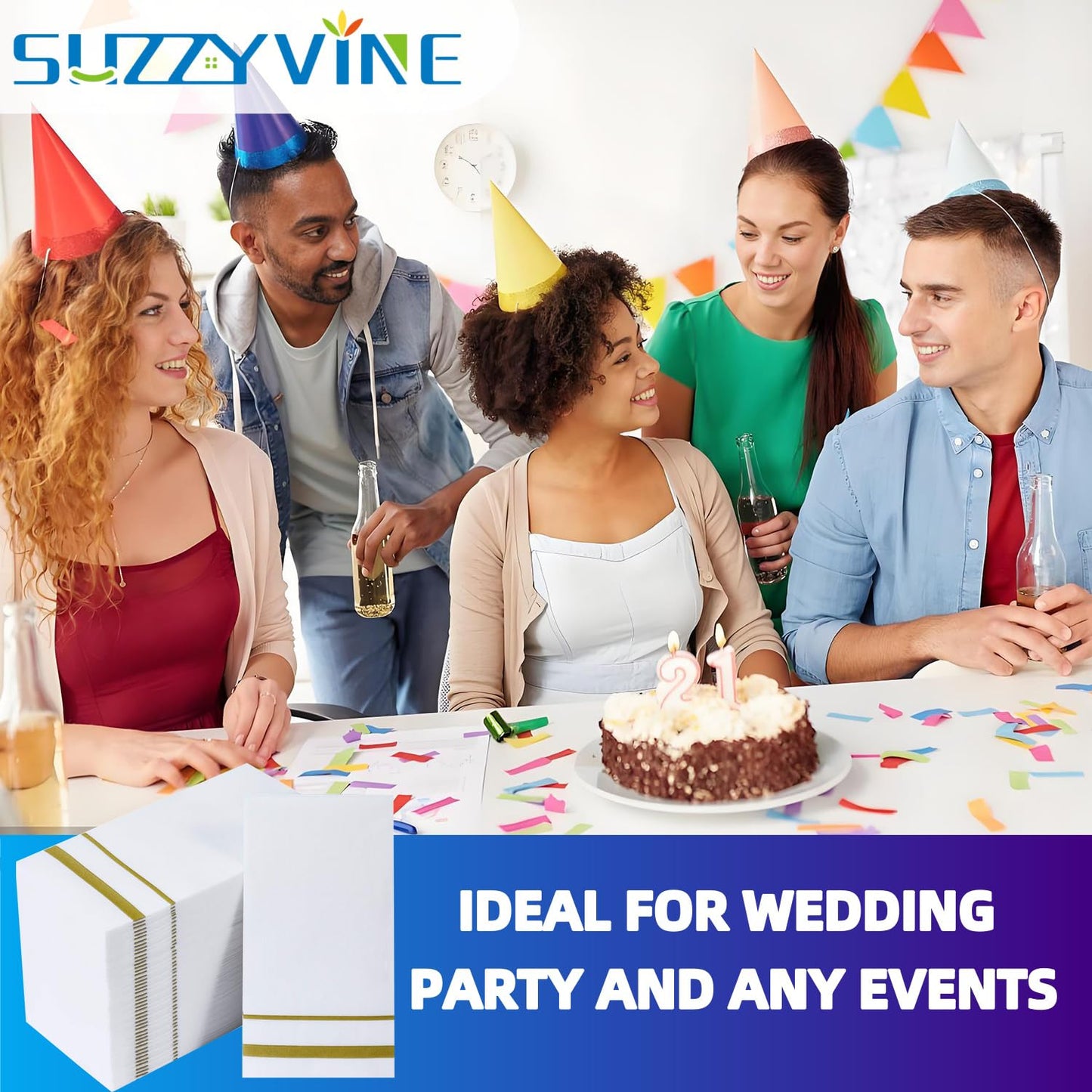 SUZZYVINE Goldene Einweg-Servietten mit integrierter Bestecktasche, Stoffähnliche Lunch-Servietten für Hochzeit, Party, Leinen-Gefühl, 50 Stück, 40,6 x 40,6 cm