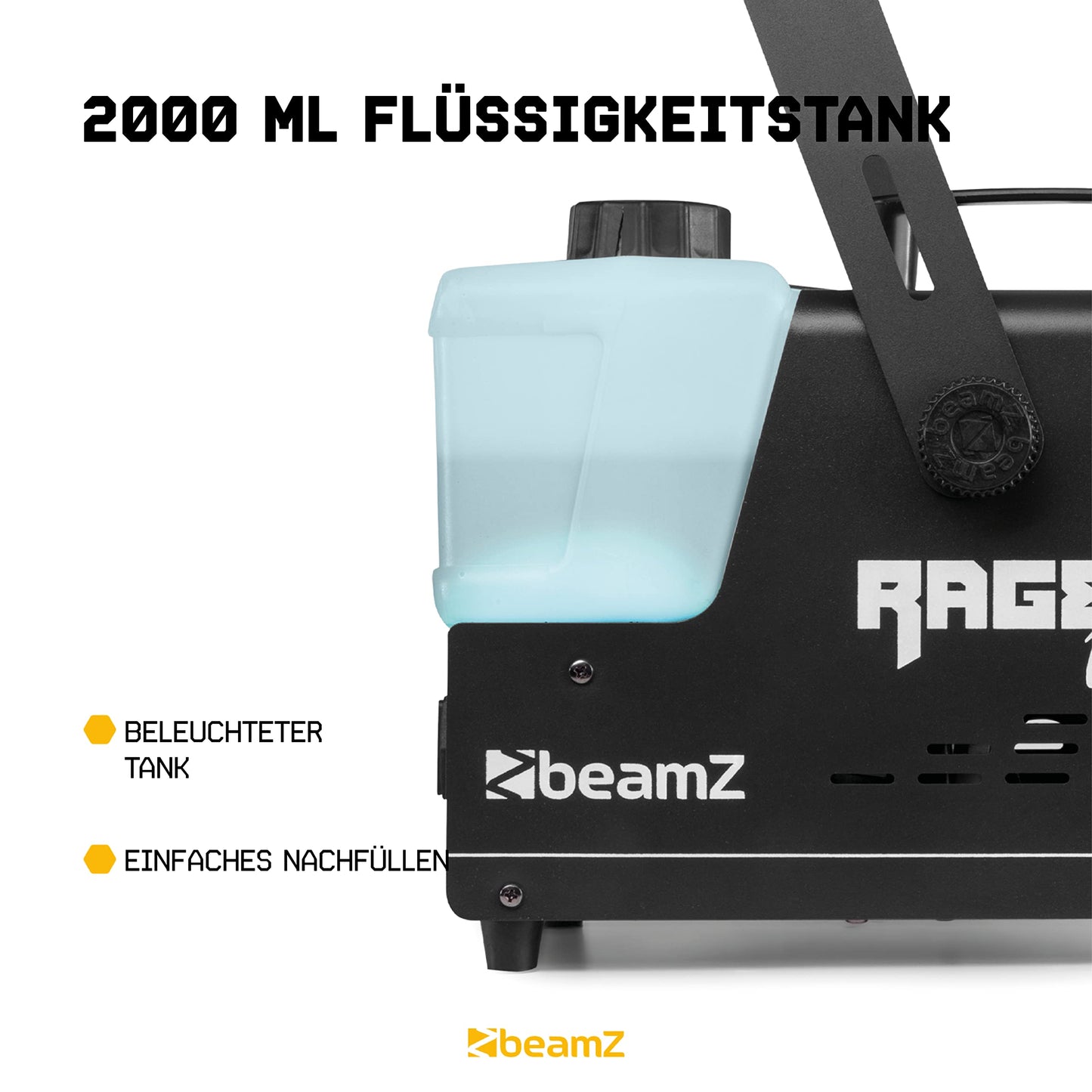 BeamZ RAGE1000 Nebelmaschine mit Lichteffekt, 1000 Watt, Fogger, Rauchmaschine, Fog Machine, Funkfernbedienung, Timer DMX, 2 Liter Tank, Disco Partynebel für DJs auf Veranstaltungen