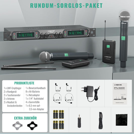 Phenyx Pro 4-Kanal UHF Drahtlos-Mikrofonsystem, Festfrequenz-Mikrofon mit Hand-/Taschen-/Kopfbügel-/Ansteckmikrofonen für Kirche, Karaoke, Gesang, DJ (PTU-5000B)