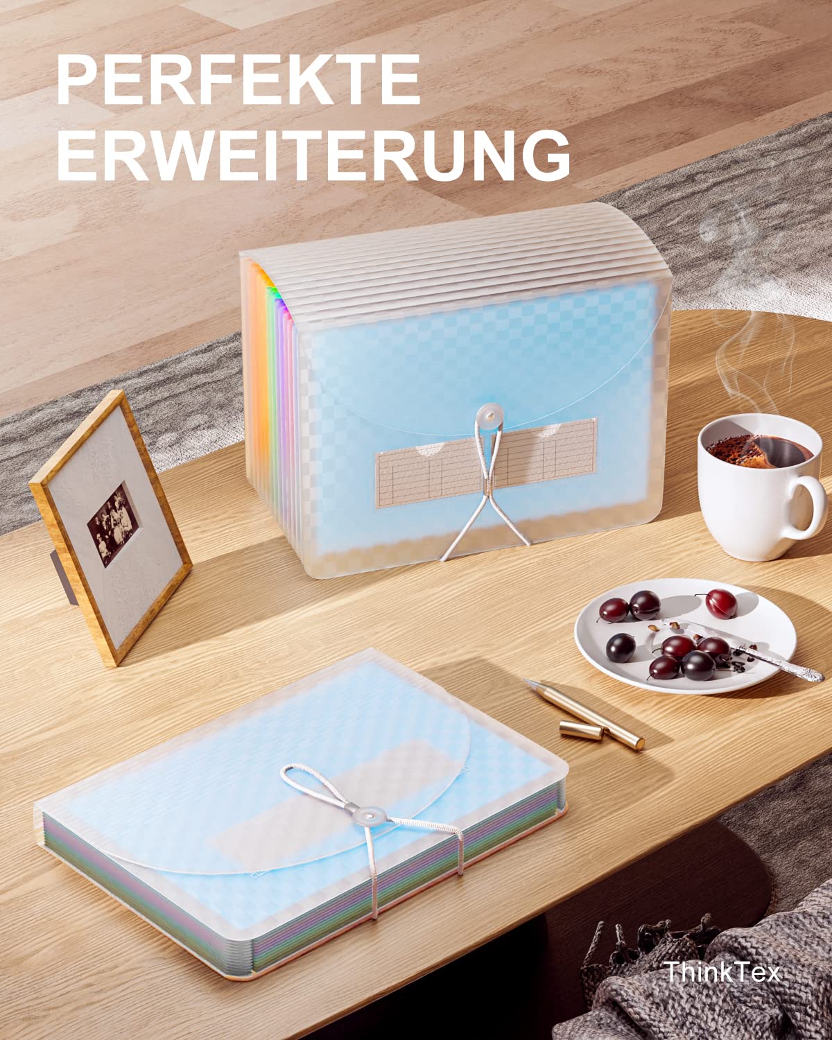 ThinkTex Accordian Aktenordner, 12 Fächer, erweiterbare Aktenordner, tragbarer monatlicher Rechnungsbeleg-Organizer, bunte Registerkarten, A4-Größe – Blau