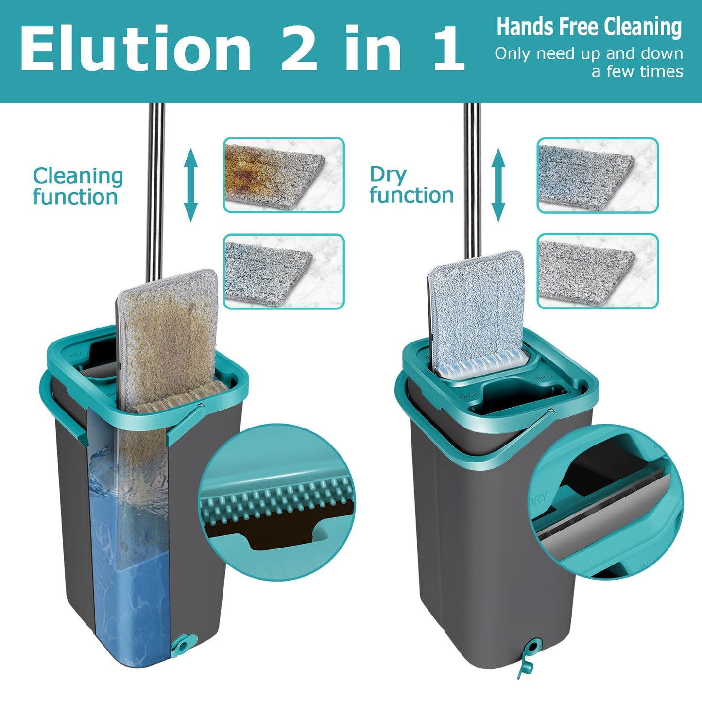 Masthome Bodenwischer Set mit Eimer,Wischmopp Set mit Eimer 2 In 1,Bodenwischer Set und 6 Mikrofaser Wischpads,Wischmopp mit Auswringfunktion für Hartholz Marmor Fliesen Bodenreinigung