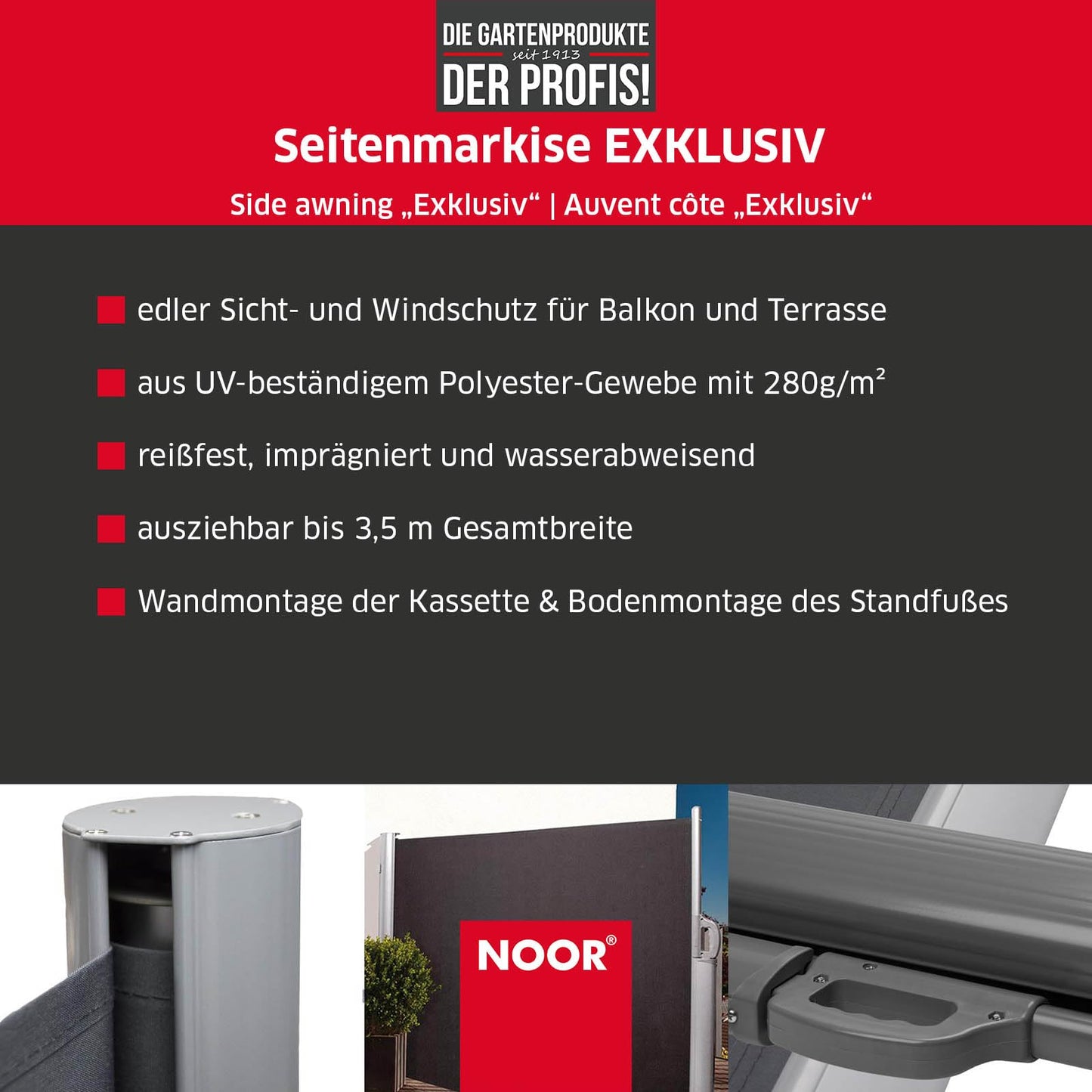 NOOR Seitenmarkise EXKLUSIV 200x350 cm Anthrazit - blickdichter Sichtschutz für Balkon, Terrasse & Garten - ausziehbarer Sonnenschutz/Windschutz inkl. Befestigungen - imprägniert und wasserabweisend