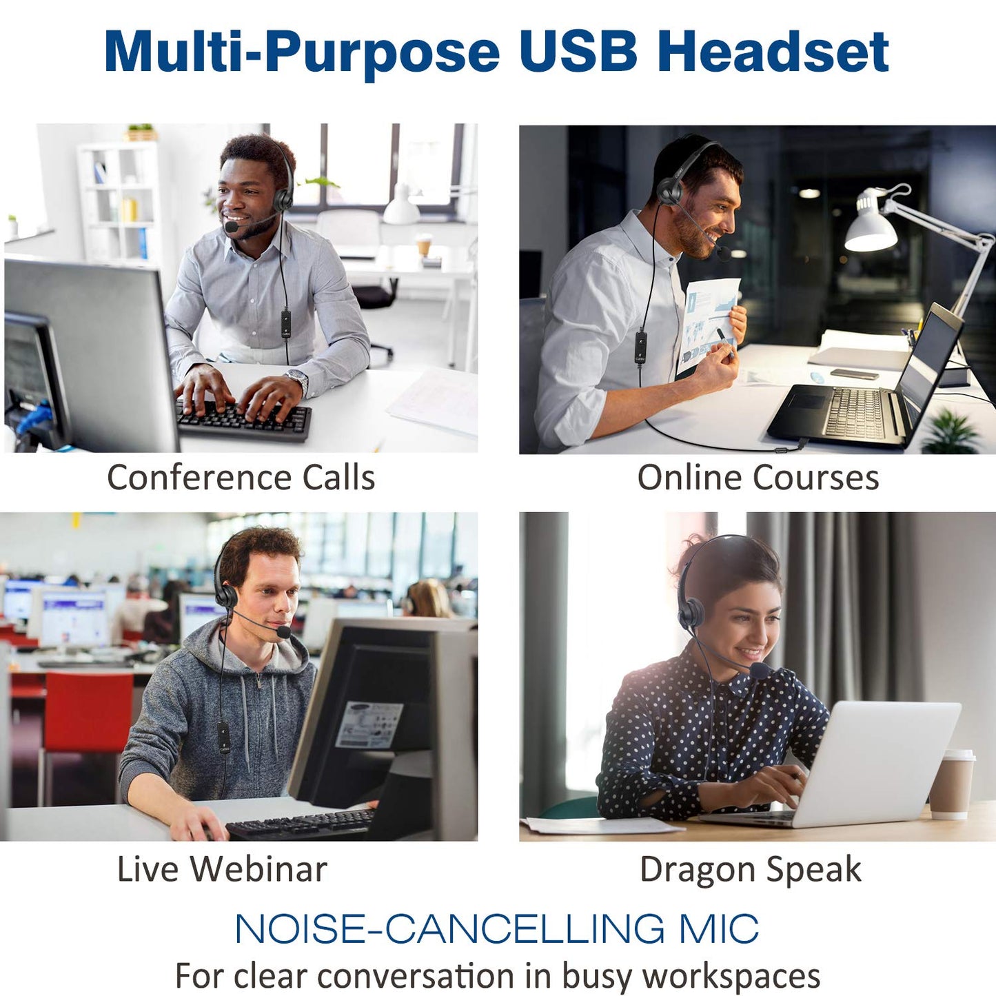 USB Headset PC für Business UC Skype Lync SoftPhone Call Center Office, PC Kopfhörer mit Mikrofon Noise Cancelling & Lautstärkeregler, Kristallklar Chat, Super Leicht, Ultra Komfort