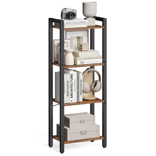 VASAGLE Bücherregal mit 4 Ebenen im Industriestil, rustikales Braun und Tintenschwarz, 24 x 40 x 107 cm, ideal für Wohnzimmer, Home-Office oder Arbeitszimmer, auf neutralem Hintergrund.