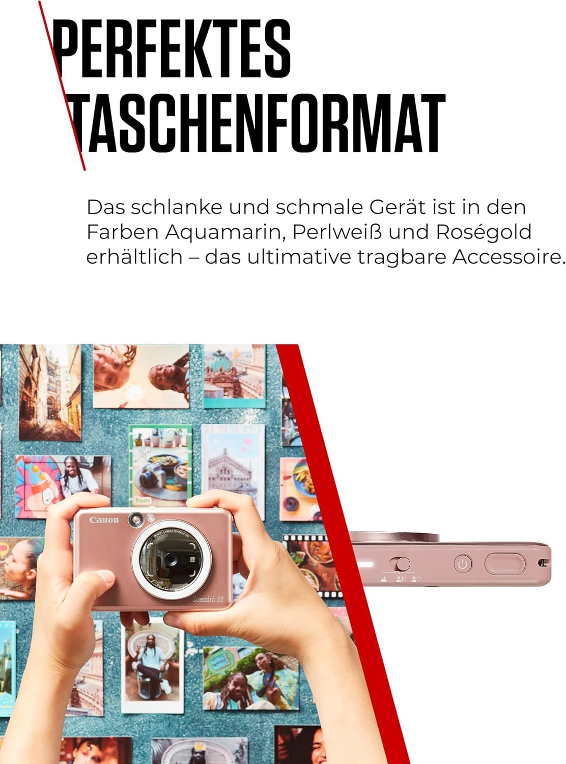 Canon Zoemini S2 Mini Sofortbildkamera + Fotodrucker mobil tragbar unterwegs Hosentasche (Fotodruck 5x7,6 cm, kabelllos, eingebauter Akku, Canon App, Bluetooth) roségold [+ 10er Zink Druck-Set]