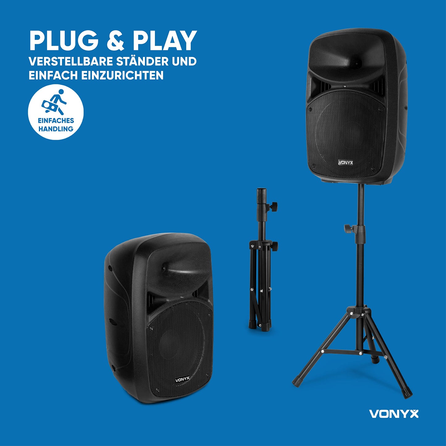 VONYX VPS102A, Partyboxen mit Stativen 600 Watt, Bluetooth, LED, Mikrofon, PA Lautsprecher Set mit Ständer, 10 Zoll Aktivboxen, USB, SD, MP3, PA Anlage Komplettset, DJ Boxen, Stativ Lautsprecherset