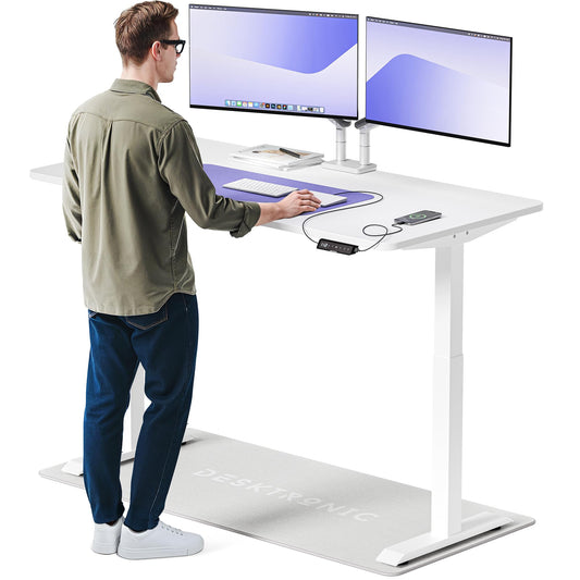 Weißer Desktronic Homeone höhenverstellbarer Schreibtisch 160 x 80 cm mit Touchscreen und USB-Anschlüssen, im Homeoffice.