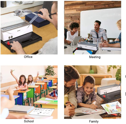 MAKEASY Bindegerät, Bindemaschine, 21 Löcher, bindet 450 Blatt, 12 Blatt Stanzkapazität, mit Starterkit 100 Stück PVC Bindung Stacheln, ideal für tägliche Office-Dokumente