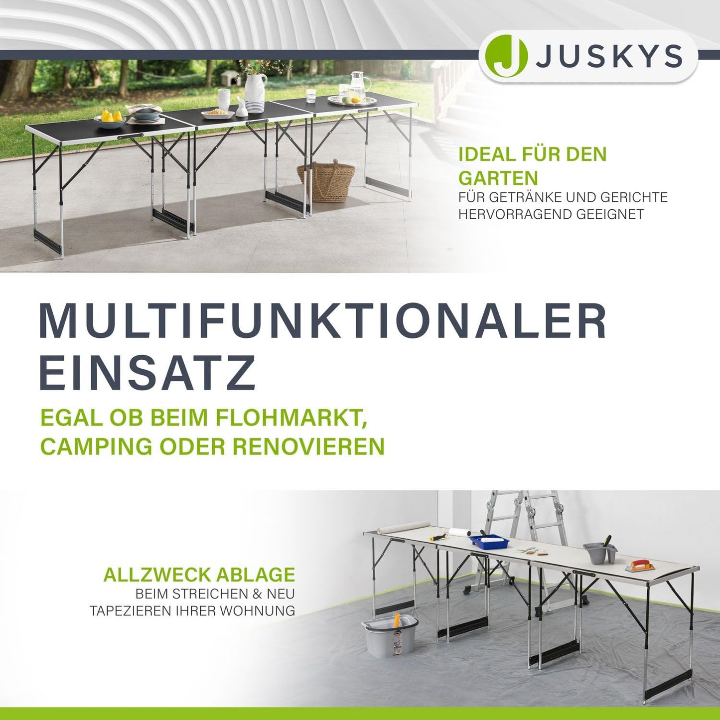 Juskys Multifunktionstisch 3 teilig - klappbar, höhenverstellbar - Alu Klapptisch 100x60 cm - Flohmarkt, Tapeziertisch, Campingtisch - Tisch Schwarz