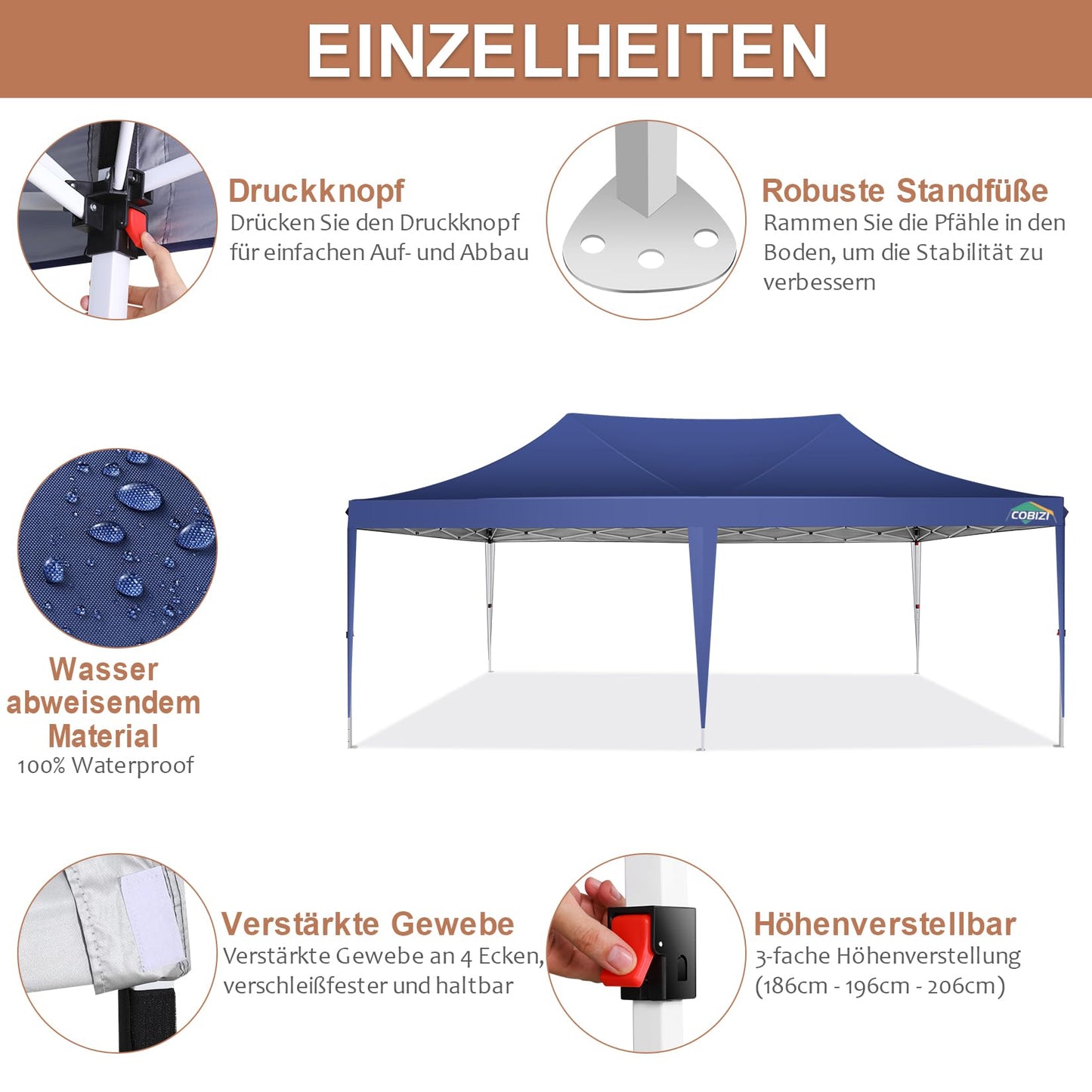 COBIZI Pavillon 3x6 Faltpavillon Wasserdicht Stabil mit 6 Seitenteilen Kegelförmig Partyzelt 3 Höhenverstellbar UV-Schutz Tragetasche Zelthering, Seile für Garten, Hochzeiten, Markt, Freien Event