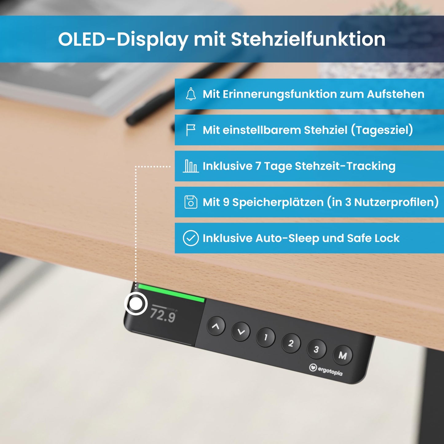 Ergotopia® Desktopia Pro X Elektrisch höhenverstellbarer Schreibtisch 7 Jahre Garantie Ergonomischer Stehtisch mit 9 Speicherplätzen (Buche, Gestell Schwarz, 120 x 80 cm)