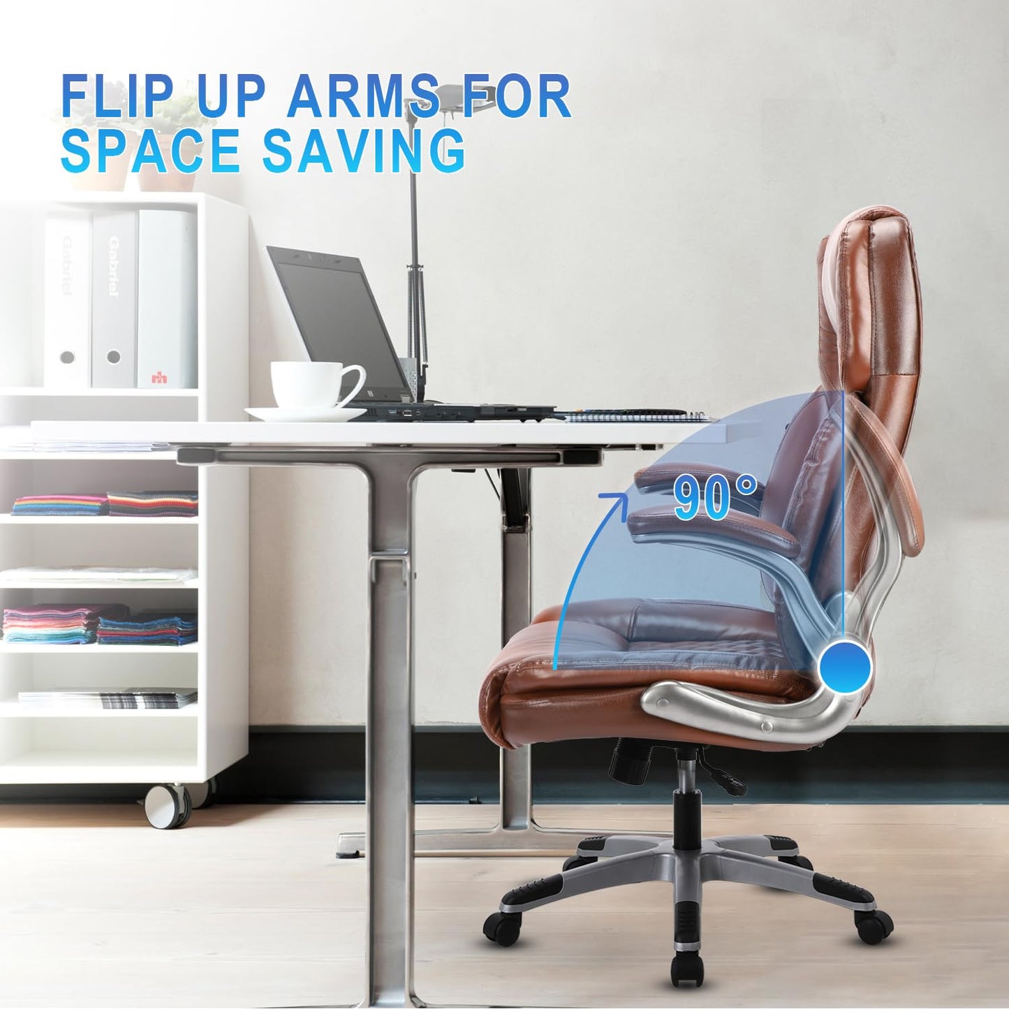 KCREAM Bürostuhl Computer hohe Rückenlehne verstellbare Flip-up-Armlehnen Ergonomischer Schreibtischstuhl Executive Diamond-Stitched PU Leder Swivel Task Chair mit Armlehnen Lendenwirbelstütze
