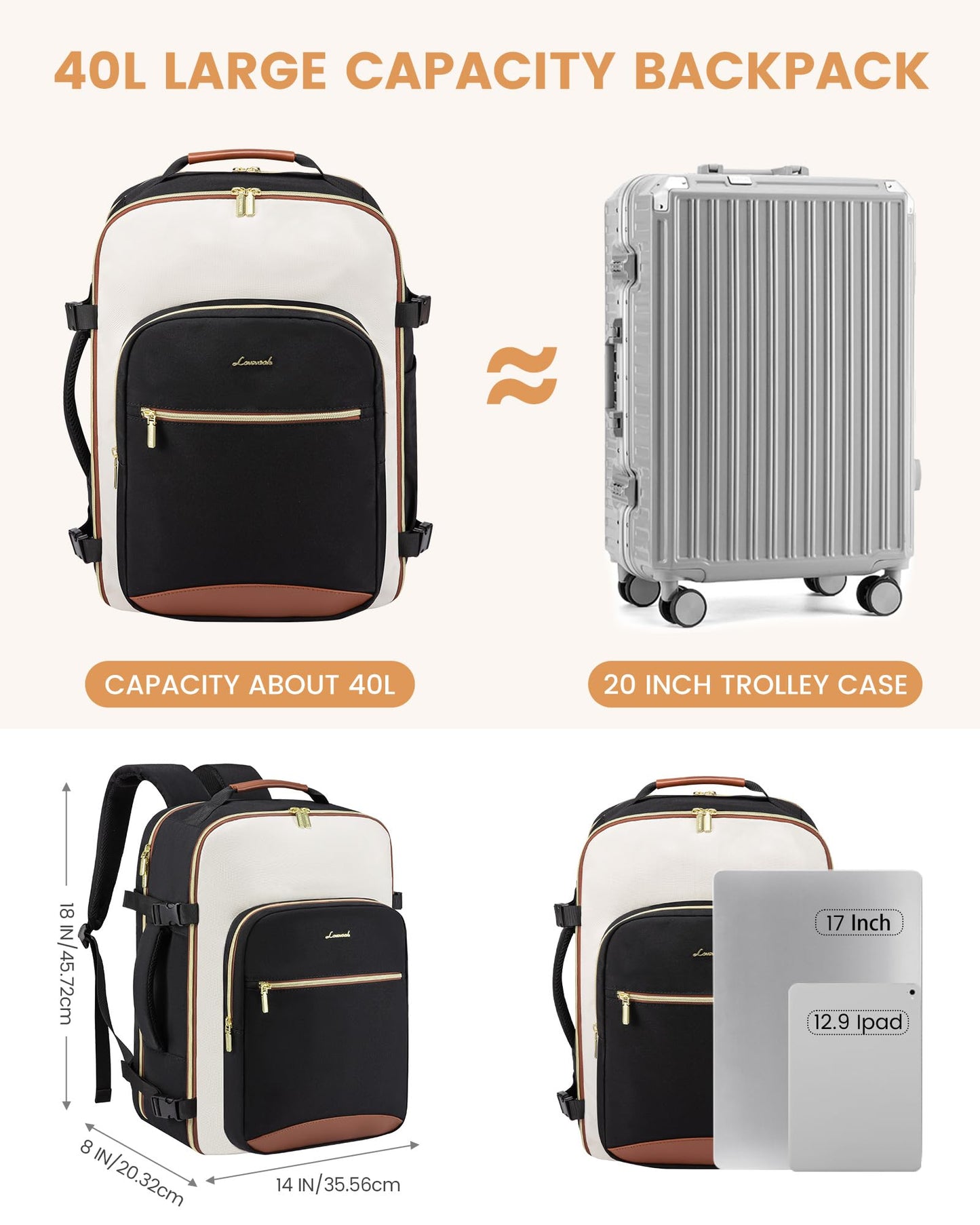LOVEVOOK Handgepäck Rucksack Flugzeug, Reiserucksack Damen Groß 40L Herren Wasserdicht, Laptop Backpacks 17 Zoll Mit Laptopfach, Travel Backpack Daypacks Für Schule Arbeit Camping