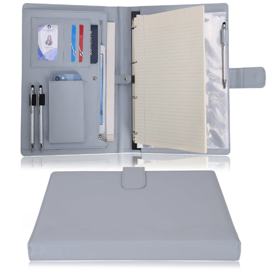 Wonderpool A4 PU Leder Ringhalter Schreibmappen Multi Dokumententasche mit Herausnehmbarem Binder Klemmbretter und funktioneller Tasche für Organizer Büro Reise Schule (Hellgrau)