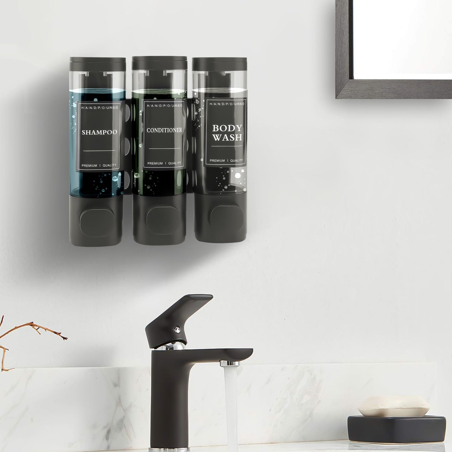 MEKOTRIN Seifenspender Wandbefestigung mit 3 Kammern – Wandmontage ohne Bohren oder Schrauben, Nachfüllbarer Duschgelspender 3×300 ml – ABS Kunststoff, Grau, ideal für Bad, Küche & Hotel