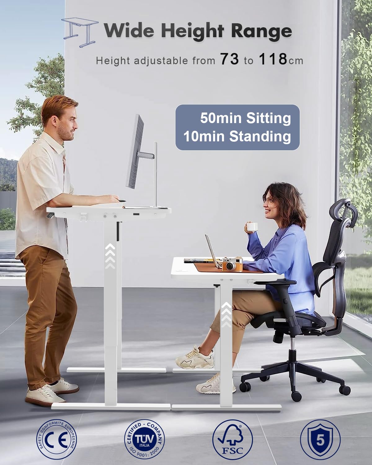 JUMMICO Höhenverstellbarer Schreibtisch mit USB-Ladeanschluss,Schreibtisch Höhenverstellbar Elektrisch, Steh-Sitz Tisch Stehpult Verstellbarer Computertisch,Standing Desk,120 x 60 cm, Weiß