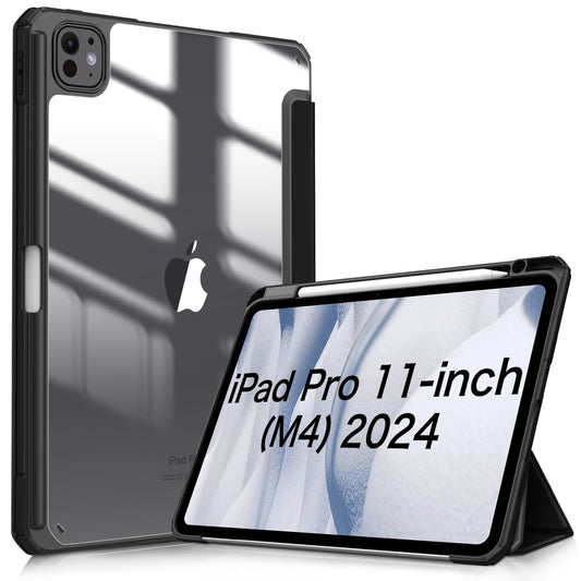 Fintie Hybrid Hülle für iPad Pro 11 Zoll M4 (2024) (Modellnummer: A2836/A2837/A3006) mit Stifthalter - Stoßfeste Schutzhülle Case mit transparenter Hartschale auf der Rückseite, Schwarz
