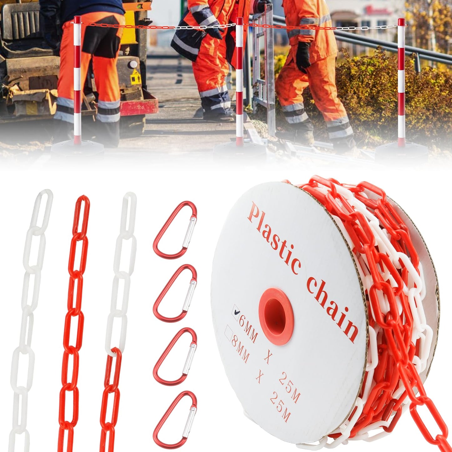 Kunststoff-Absperrkette, 25 Meter, 6 mm Stärke, Rot-Weiß (Schwarz Gelb)