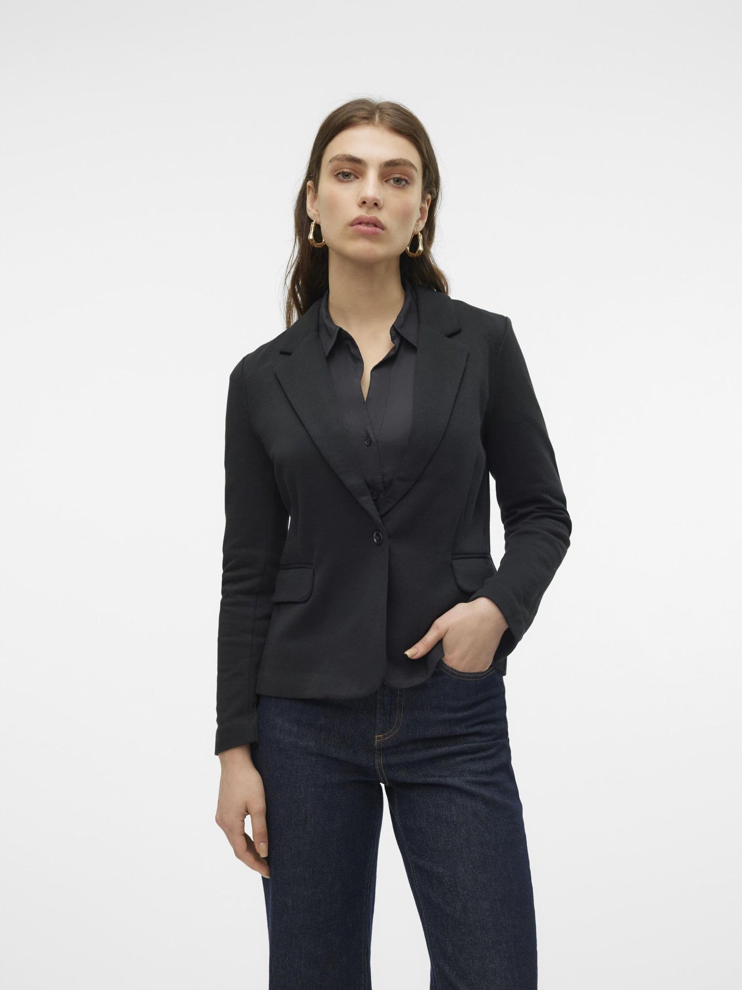 VERO MODA Blazer Eleganter Basic Langarm Cardigan Business Jacke Mantel Shacket VMJULIA, Farben:Schwarz,Größe Damen:36 / S