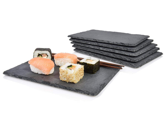 Sänger | Schieferplatte im 6er Set, Teller Set eckig, Servierplatte rutschfest, Deko Tablett, Sushi Set aus Schiefer, Kuchenplatte, Dessertteller, Servierteller, Sushi Geschirr | 22 x 16 cm