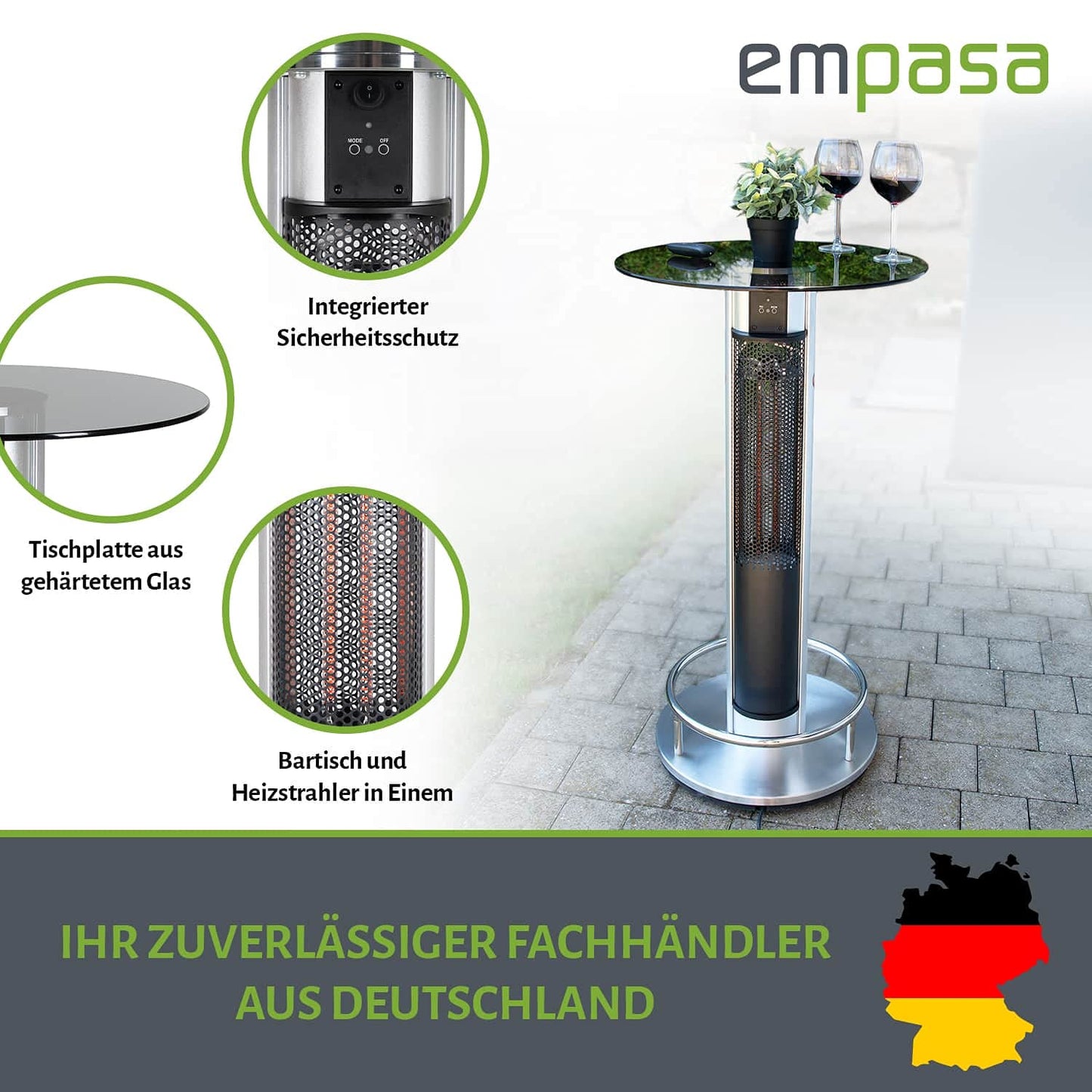 empasa Bartisch mit Heizfunktion elektrischer Stehtisch-Heizer Bartischheizer 'CALIDO' Infrarot Heizstrahler Elektroheizer Terrassenheizer Bistrotisch mit Fernbedienung, wahlweise mit Abdeckhaube