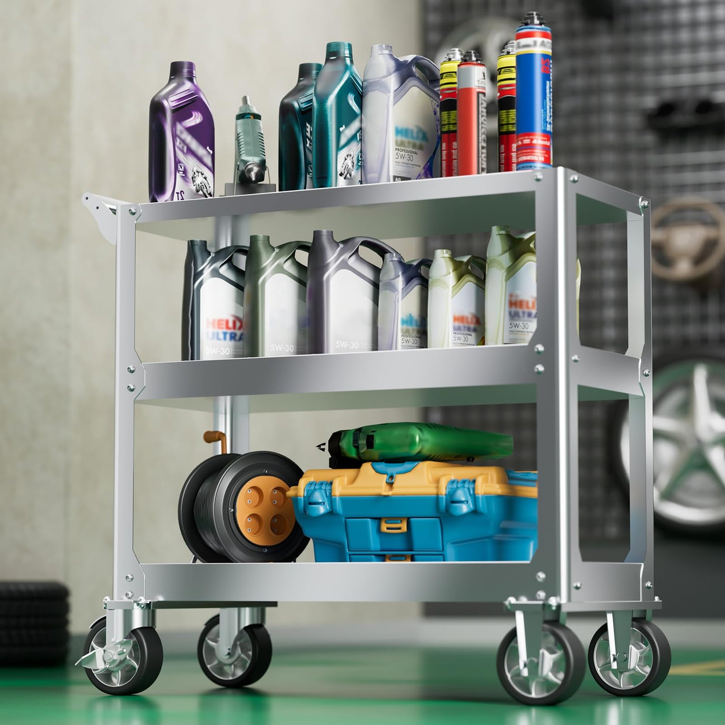 Edelstahl Rollwagen Werkstatt, 3-Etagen Rollbar Montagewagen mit 500kg Tragkraft, Multifunktionaler Materialwagen mit Rollen, Kommissionierwagen, Vielzweckwagen für Garage, Werkstatt, 78 x 46 x 92cm