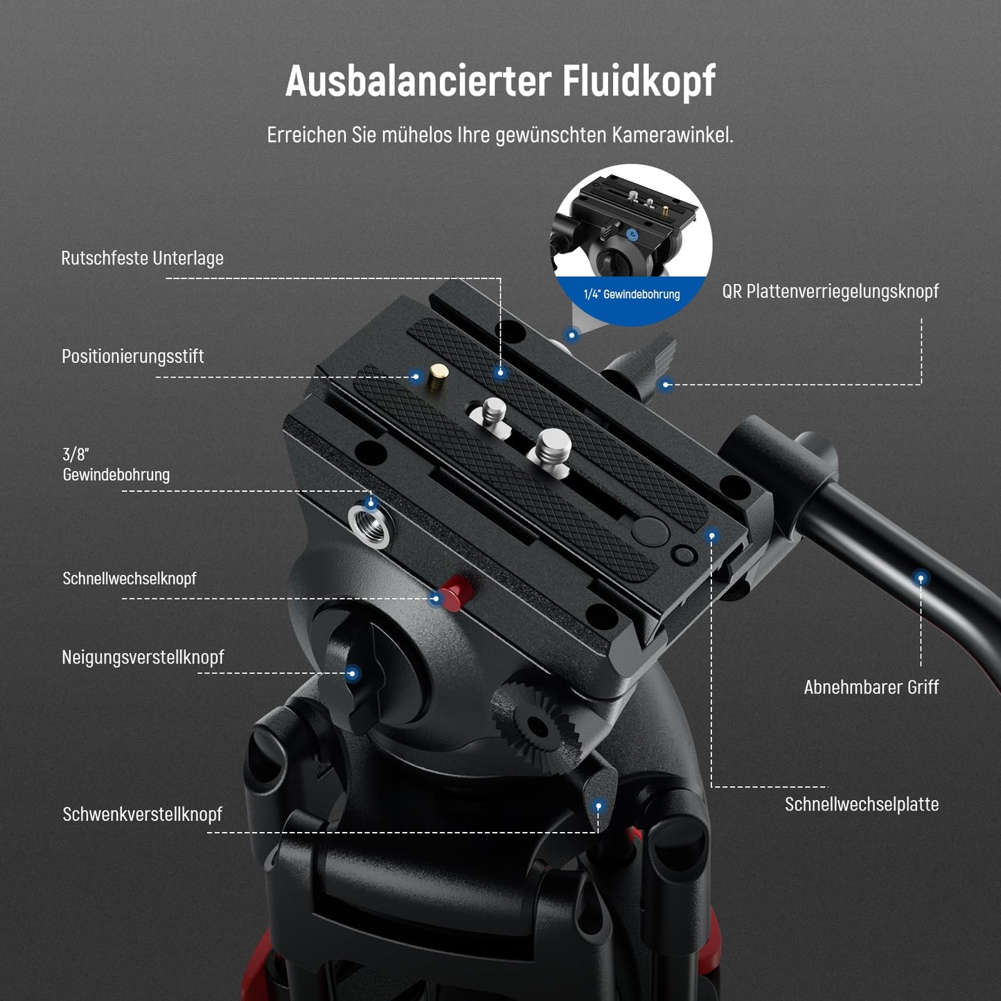 NEEWER Basic 74“ Videostativ mit Fluidkopf [Basisversion], Metall Kamerastativ mit sanfter Reibungsdämpfung, Mittelspinne, Schnellwechselplatte kompatibel mit 501, maximale Belastung 17,6lb, TP37