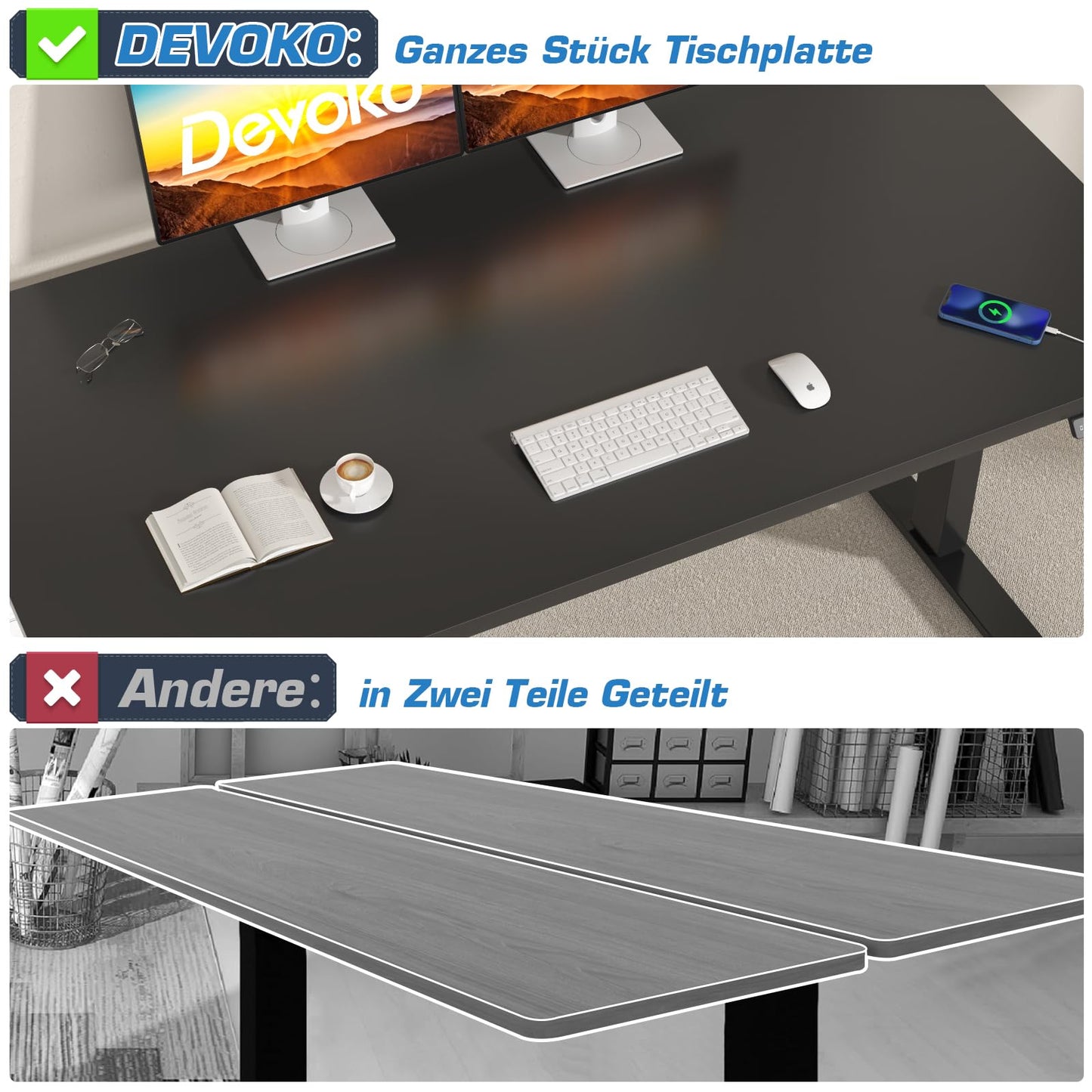 Devoko Höhenverstellbarer Schreibtisch mit 2 Motoren，25mm Einteilige Tischplatte, 160x80 cm Mobiler Elektrisch Computertisch mit Kabel Management, Schwarz - Perfekte Ergonomie für Dein Büro