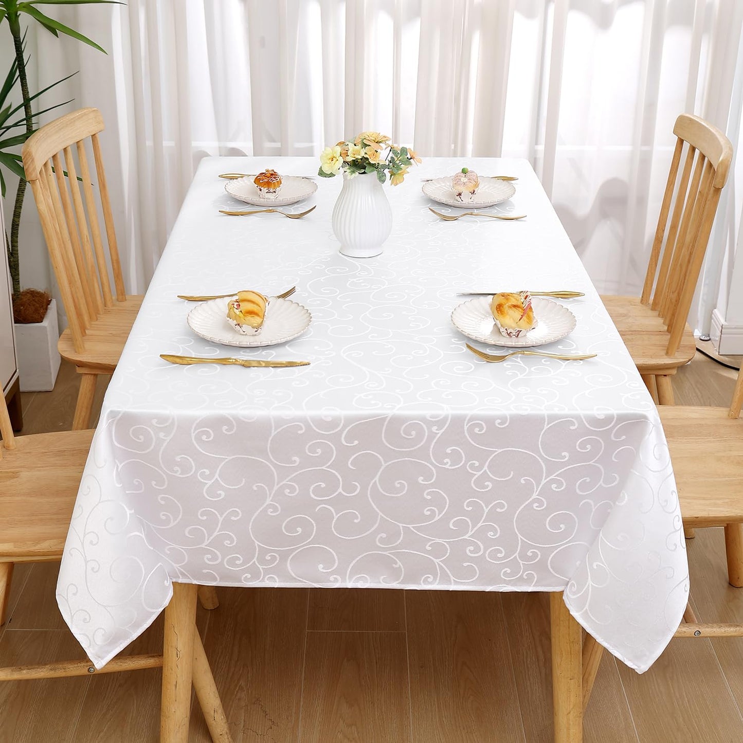 Homaxy Tischdecke Abwaschbar Rechteckig 140x240cm Polyester Tischtuch Tafeldecke Jacquard Tischwäsche Ornamente Schmutzabweisend Pflegeleicht, Weiß
