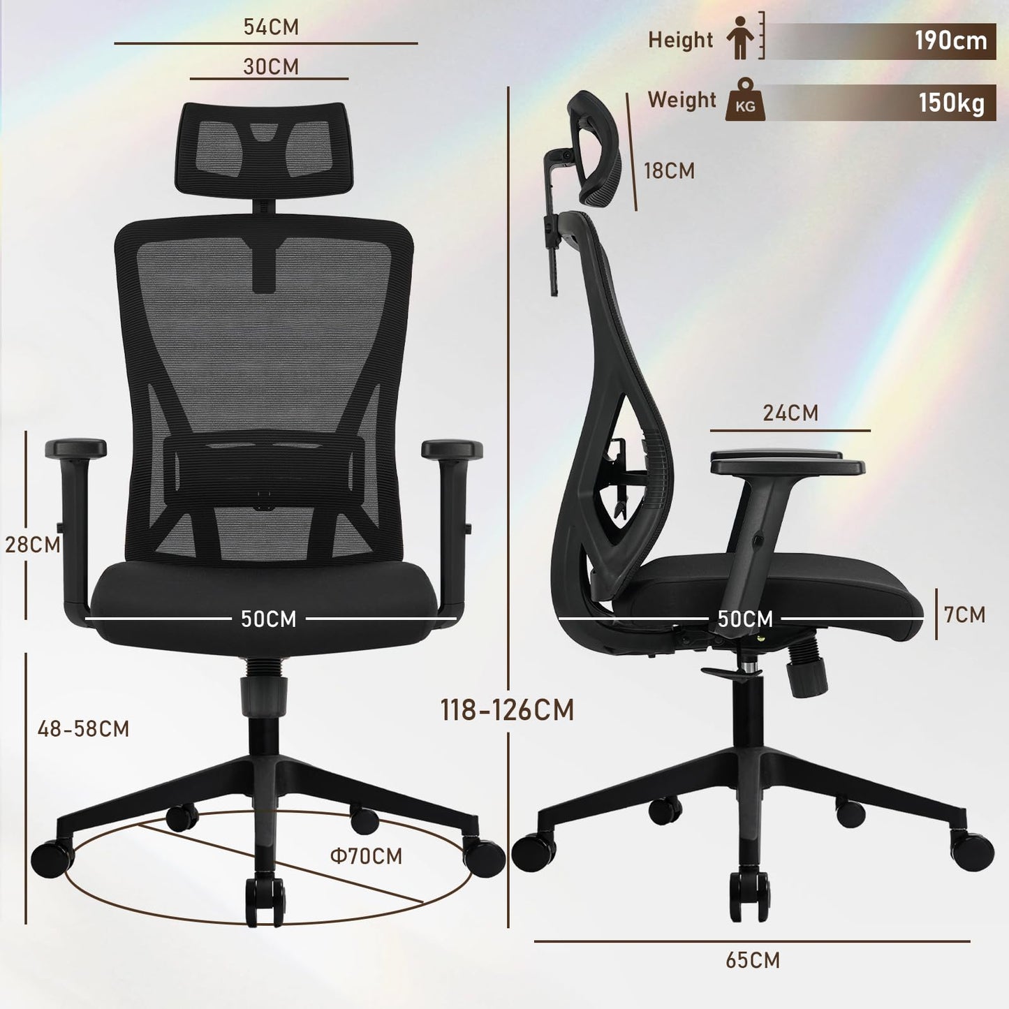 Durrafy Bürostuhl Ergonomisch, Bürostuhl, Schreibtischstuhl mit Verstellbarer Kopfstütze, Armlehnen, Lendenwirbelstütze Höhenverstellbar, 90°-130° Schaukeln, Chefsessel 150KG Belastbar, Schwarz