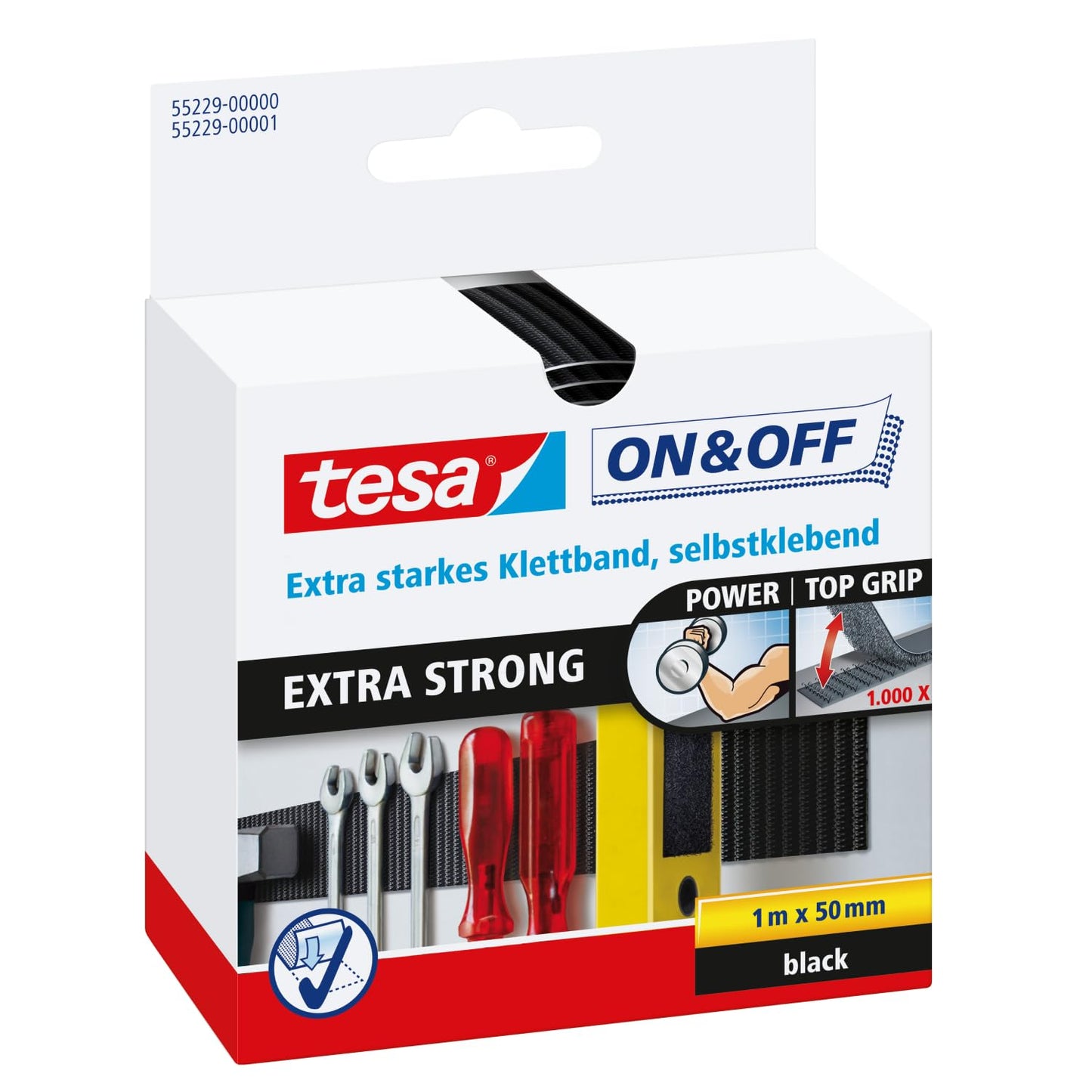 tesa On & Off Extrastarkes Klettband - Selbstklebende Klettstreifen zum Befestigen schwerer Gegenstände, extra stark - 100cm x 5 cm