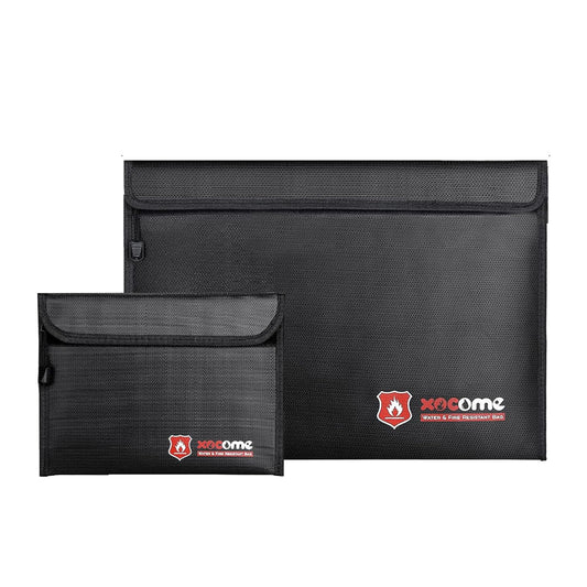 xocome 2 Stück Feuerfeste und wasserdichte Tasche(38x28cm, 23x17.5cm) Zweilagigen Glasfasermaterial, Feuersichere wasserdichte Aktentasche für A4 Dokumente, Passport Bankdatei Geld Wertsachen(Schwarz)