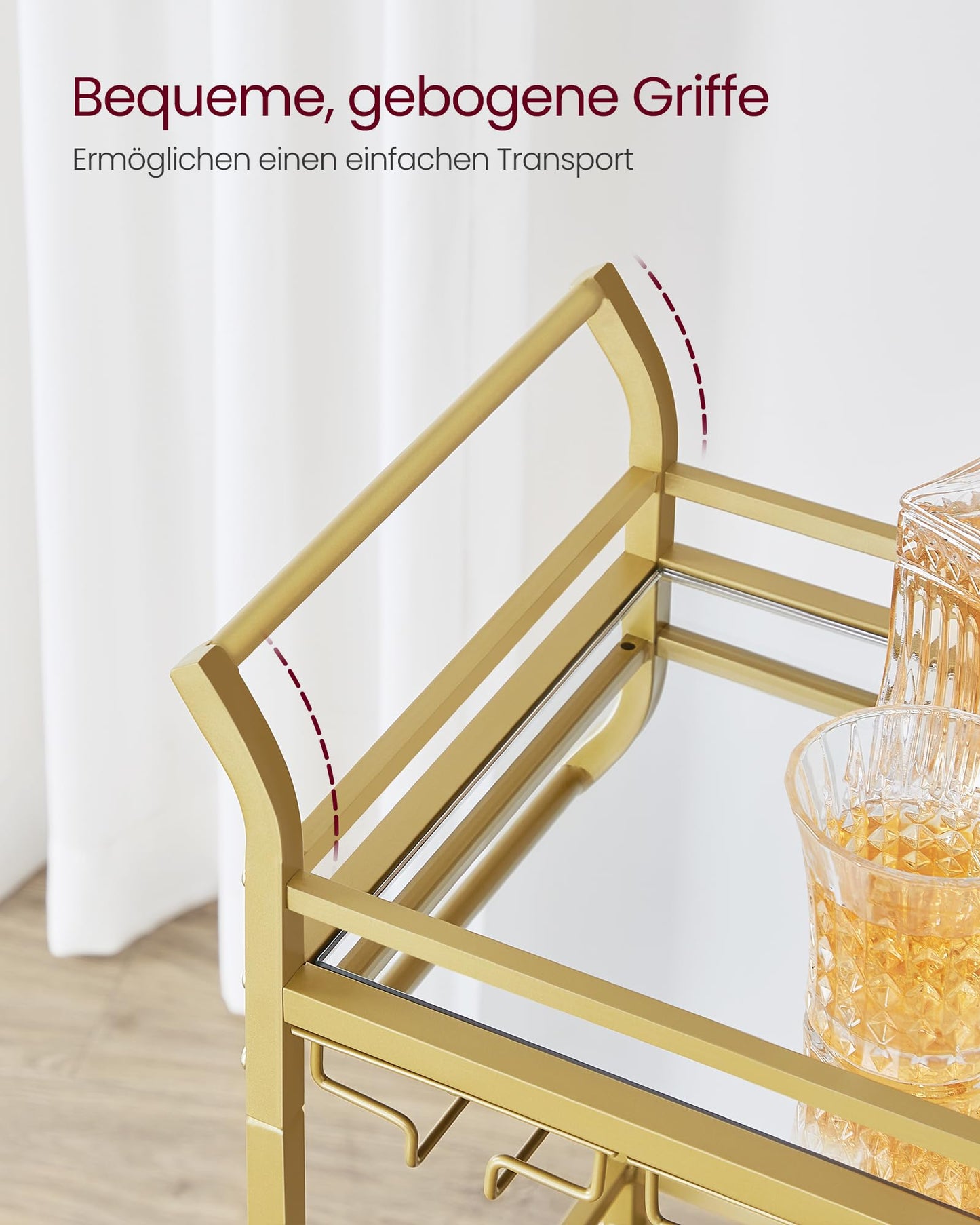 VASAGLE Servierwagen, 3 Ebenen, Rollwagen, mit Rollen, Griffen, verspiegelte Glasablagen, für kleine Räume, Küche, Esszimmer, Bar, goldfarben LRC091A62
