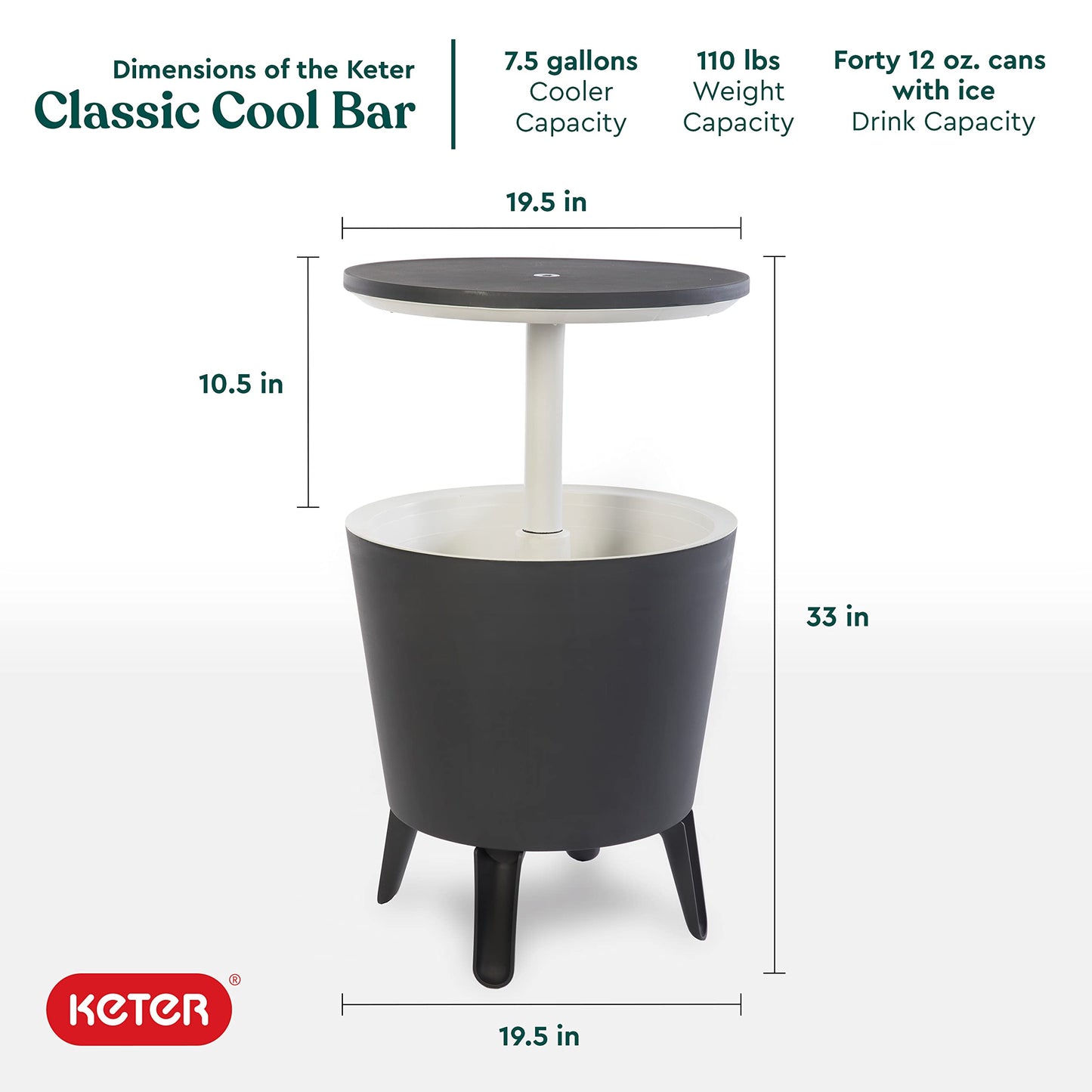 Keter Moderne Coole Bar-Outdoor-Terrassenmöbel und Whirlpool-Beistelltisch mit 2,5 l Bier- und Weinkühler, Dunkelgrau