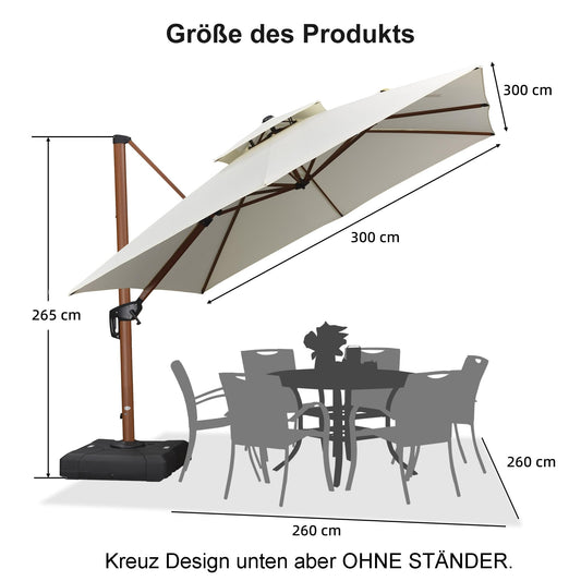 PURPLE LEAF Alu Sonnenschirm Groß Ampelschirm 300 x 300 cm Holzoptik Doppeldach Gartenschirm mit Kurbel 360° Drehbar XXL, Sonnenschutz UV50+, Cream