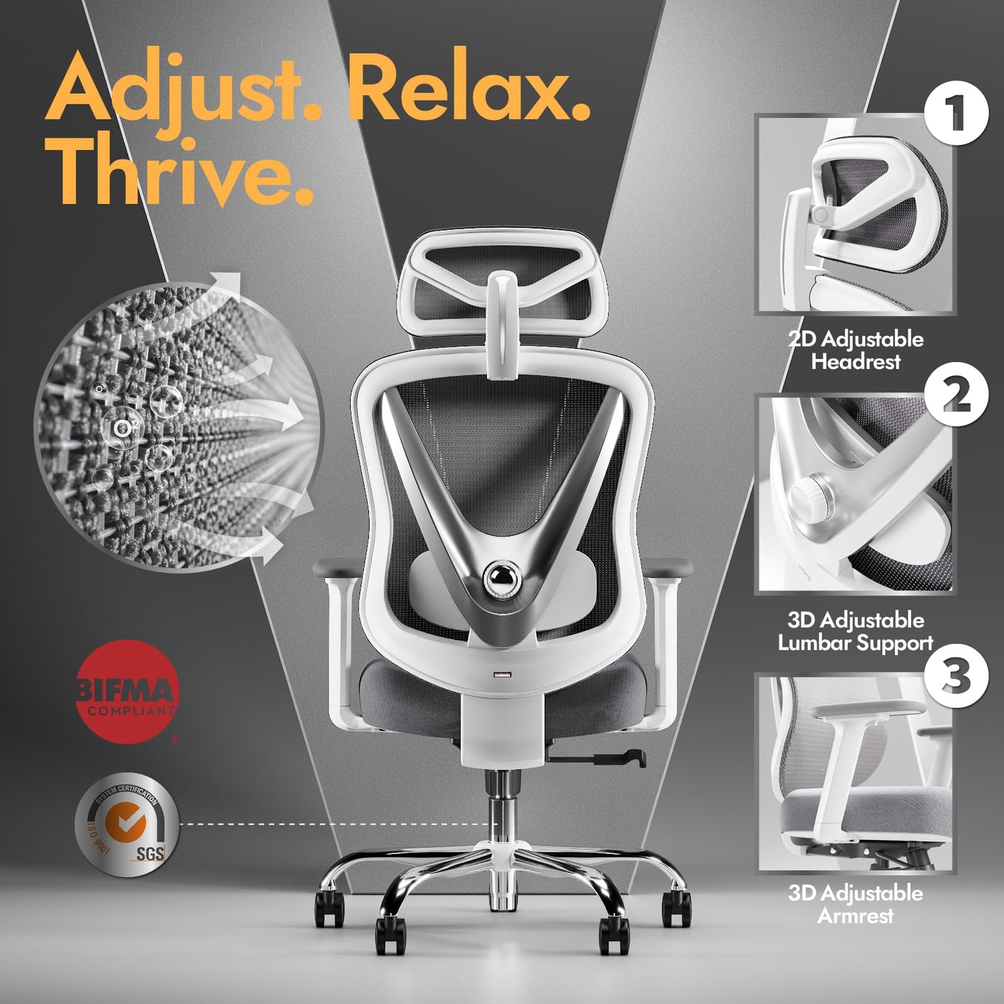 HOLLUDLE Ergonomischer Bürostuhl mit 3D Lendenstütze, Weiß