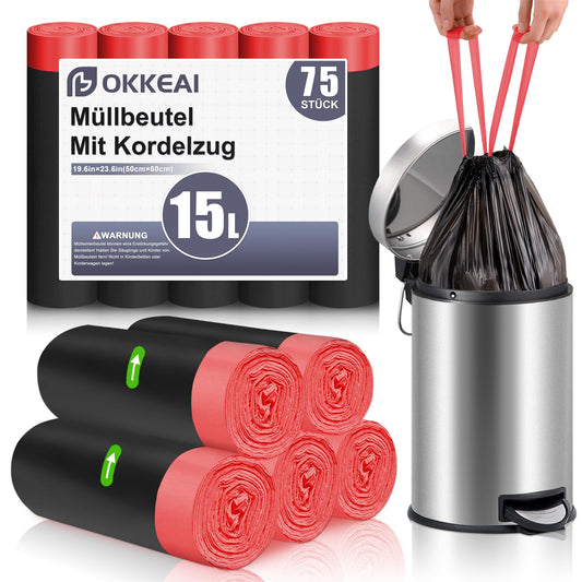 OKKEAI Schwarz Müllbeutel 15L mit Zugband Kleine Mülltüten,75 Stück Reißfest Müllsacks