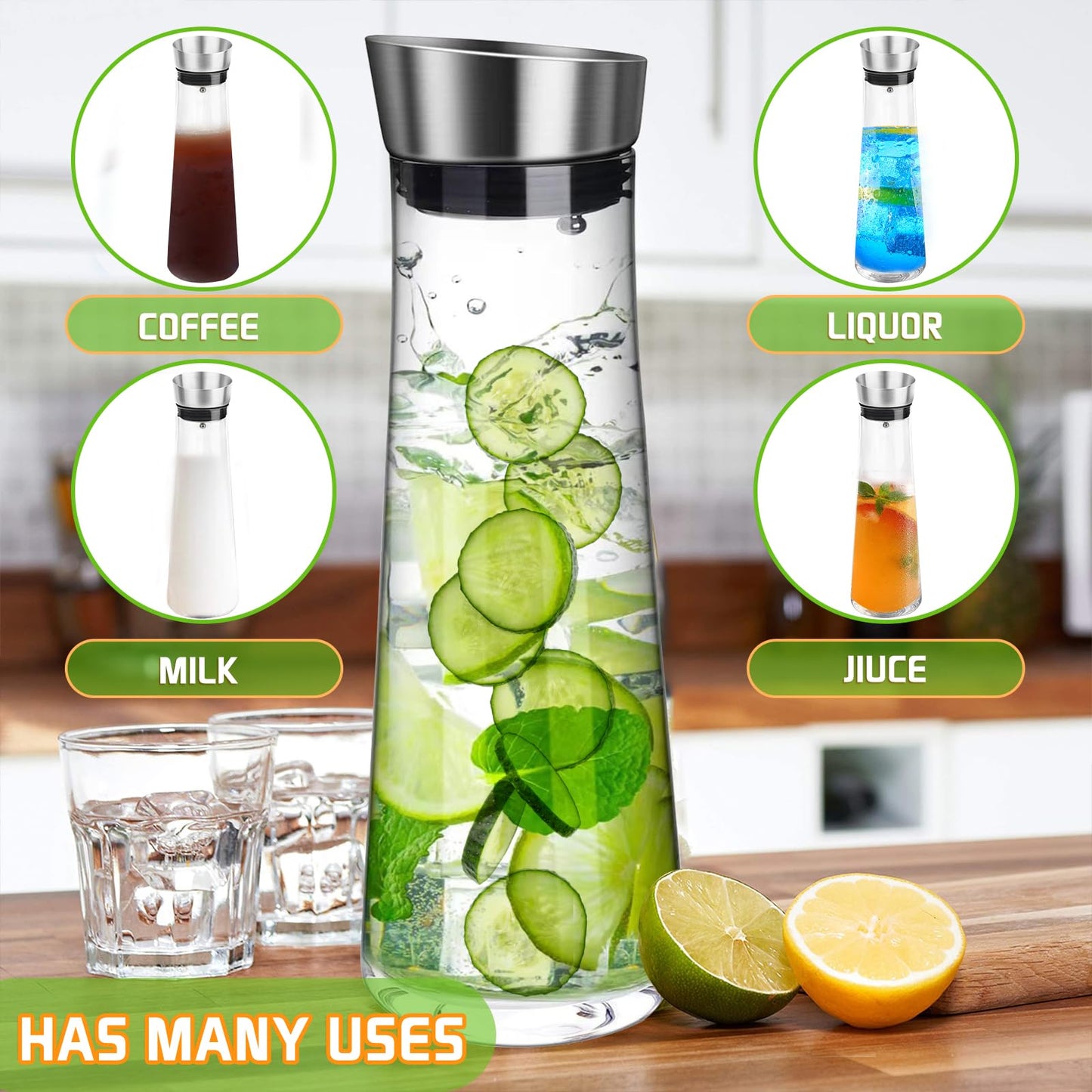 POWZOO Glas-Karaffe,Wasserkaraffe Glas (1.5 Liter),Glaskaraffe mit Deckel Edelstahl und Ausgießer, Saft Getränkekaraffe,Karaffe aus Glas für hausgemachte,Getränke/Eistee/Milch/Kaffee/Wein