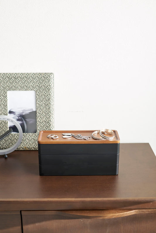 Yamazaki 5810 RIN 3-stöckige schmale Accessoirebox mit Deckel, schwarz, ABS-Harz/Holz, minimalistisch, 24 x 8 x 11.5 cm