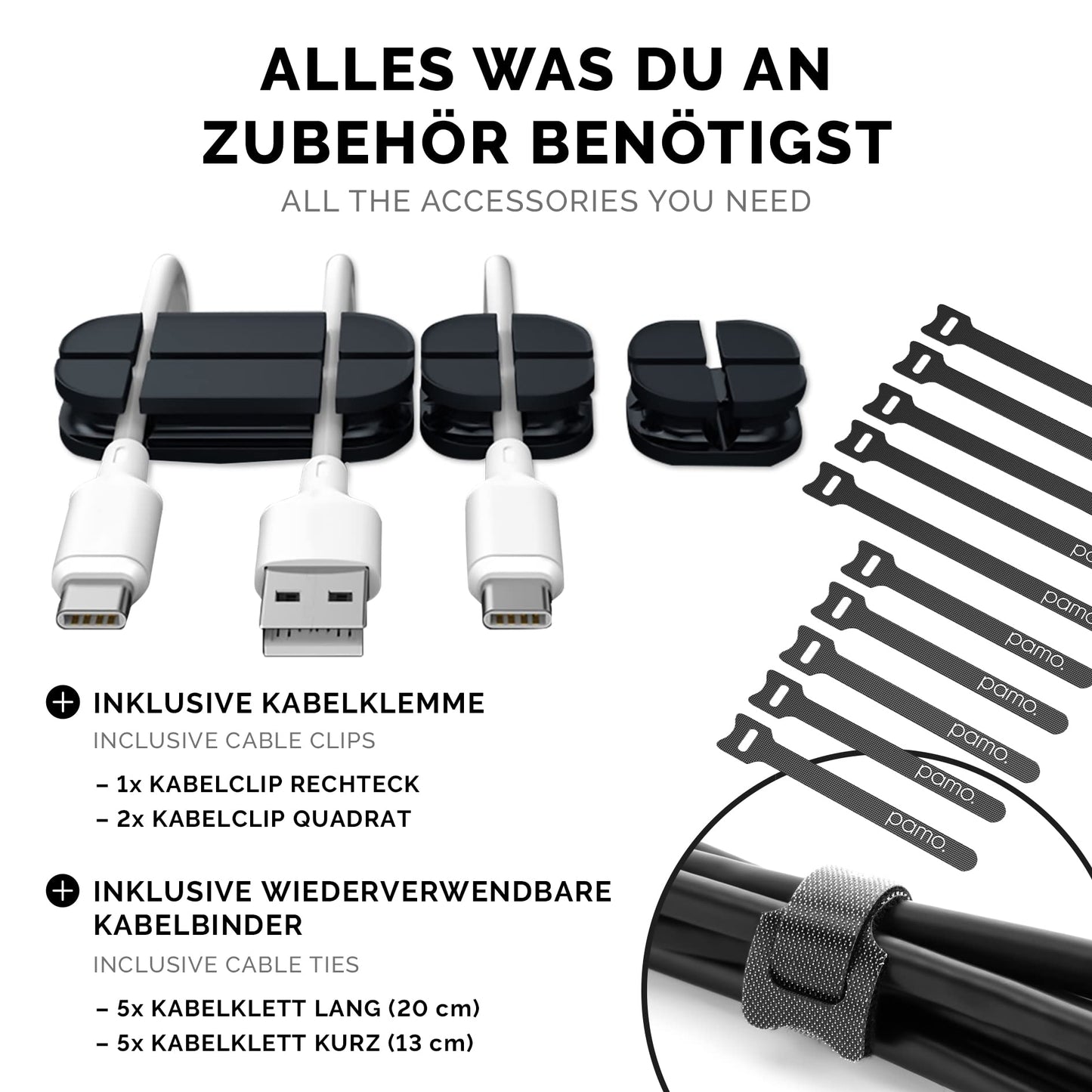 PAMO Kabelkanal Schreibtisch 2er Set zur einfachen Montage untertisch I inkl. 10x Klett Kabelbinder und Kabel-Clips I Schreibtisch Organizer für Büro/Home Office Tisch