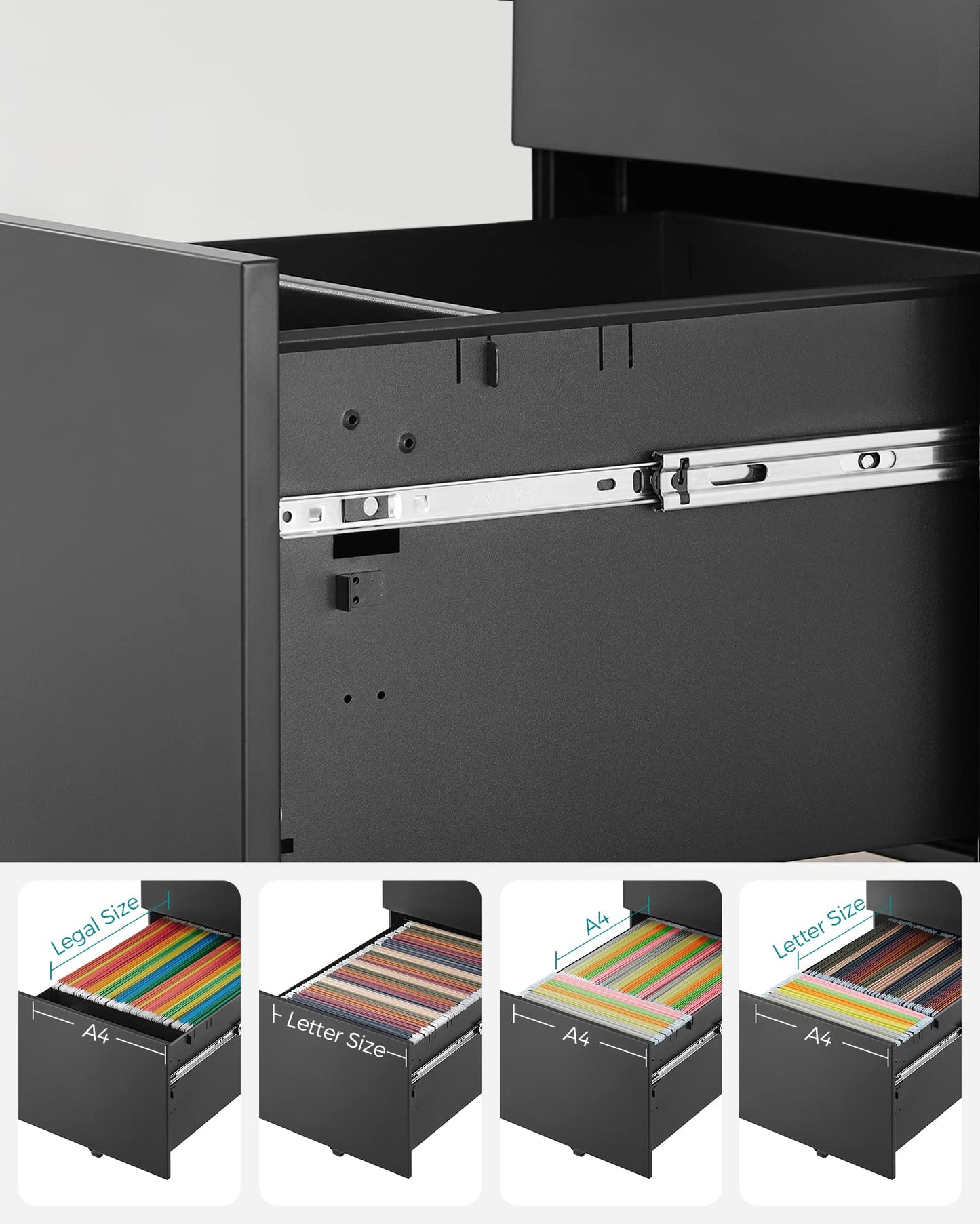 SONGMICS Rollcontainer, unter Schreibtisch, mit 3 Schublade, vormontiert, abschließbarer Büroschrank mit Hängeregistratur, für Akten, Dokumente, Schreibwaren, 52 x 39 x 60 cm, schwarz OFC60BK